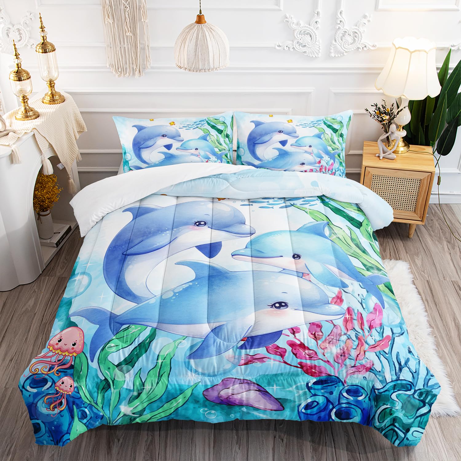 XYNHML Dolphins Animal Aqua Blue Green Sea Comforter 3pcs Full Kids Coral Jellyfish Comforter Set for Boys Girls Ocean Waves Bedding Fish Quilt Bed Set with 1 Comforter and 2 Pillowcases