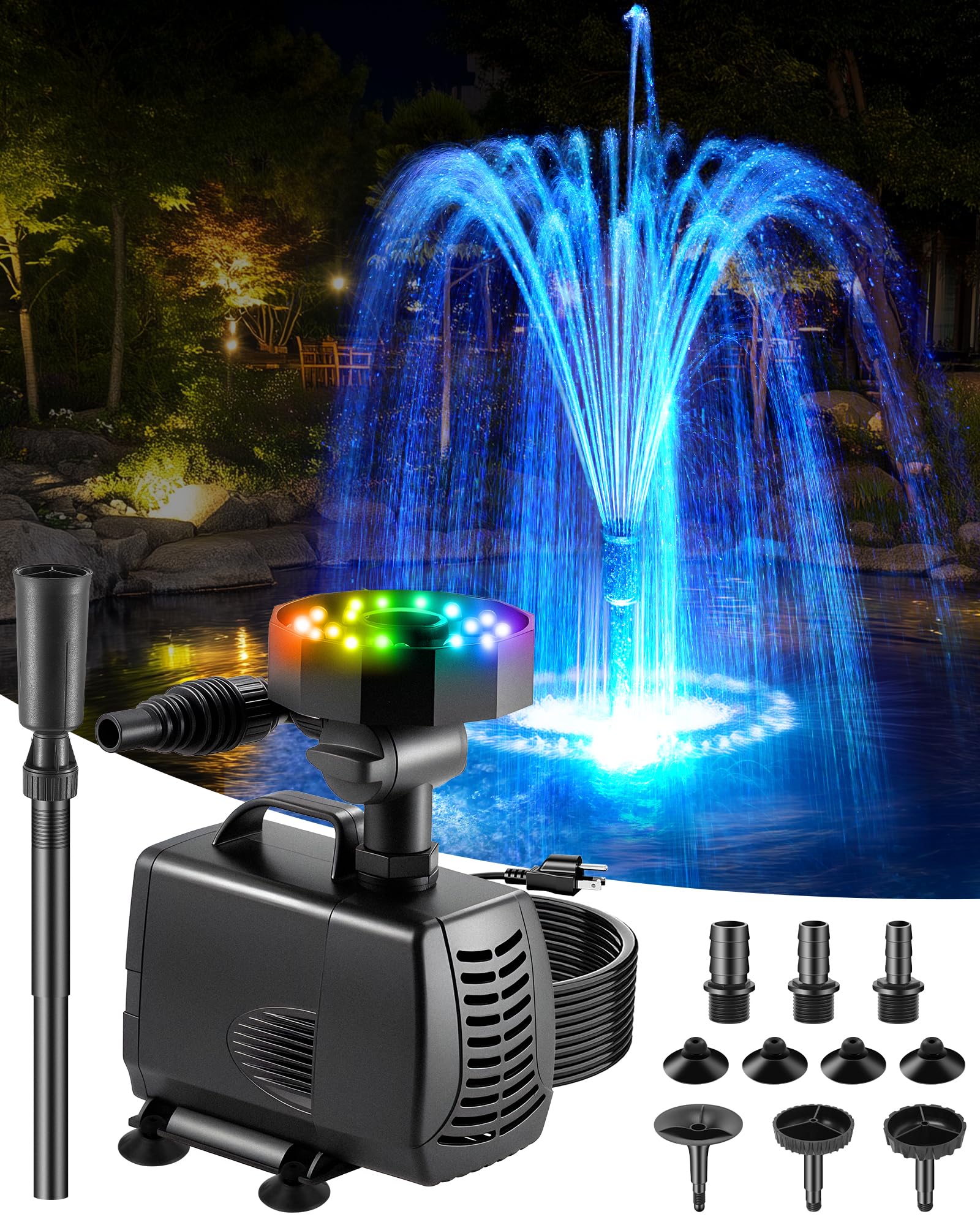 Zestawy systemów filtrów do stawu RGB, fontanna filtrująca 3 w 1 z kolorowymi światłami, skrzynka filtracyjna do stawu 660 GPH, wielowarstwowa filtracja, odpowiednia do stawu ogrodowego