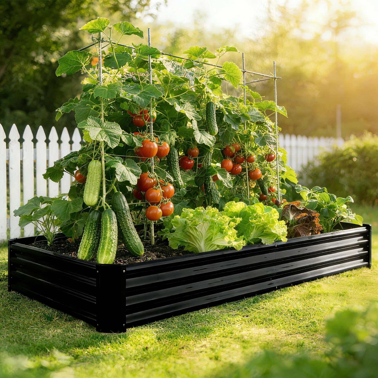 Set di aiuole rialzate in metallo zincato, per giardino, 232 x 113 x 30 cm, set di aiuole rialzate per verdure, fiori grassi, erbe aromatiche, aiuole e vaschetta per piante, rettangolare, nero