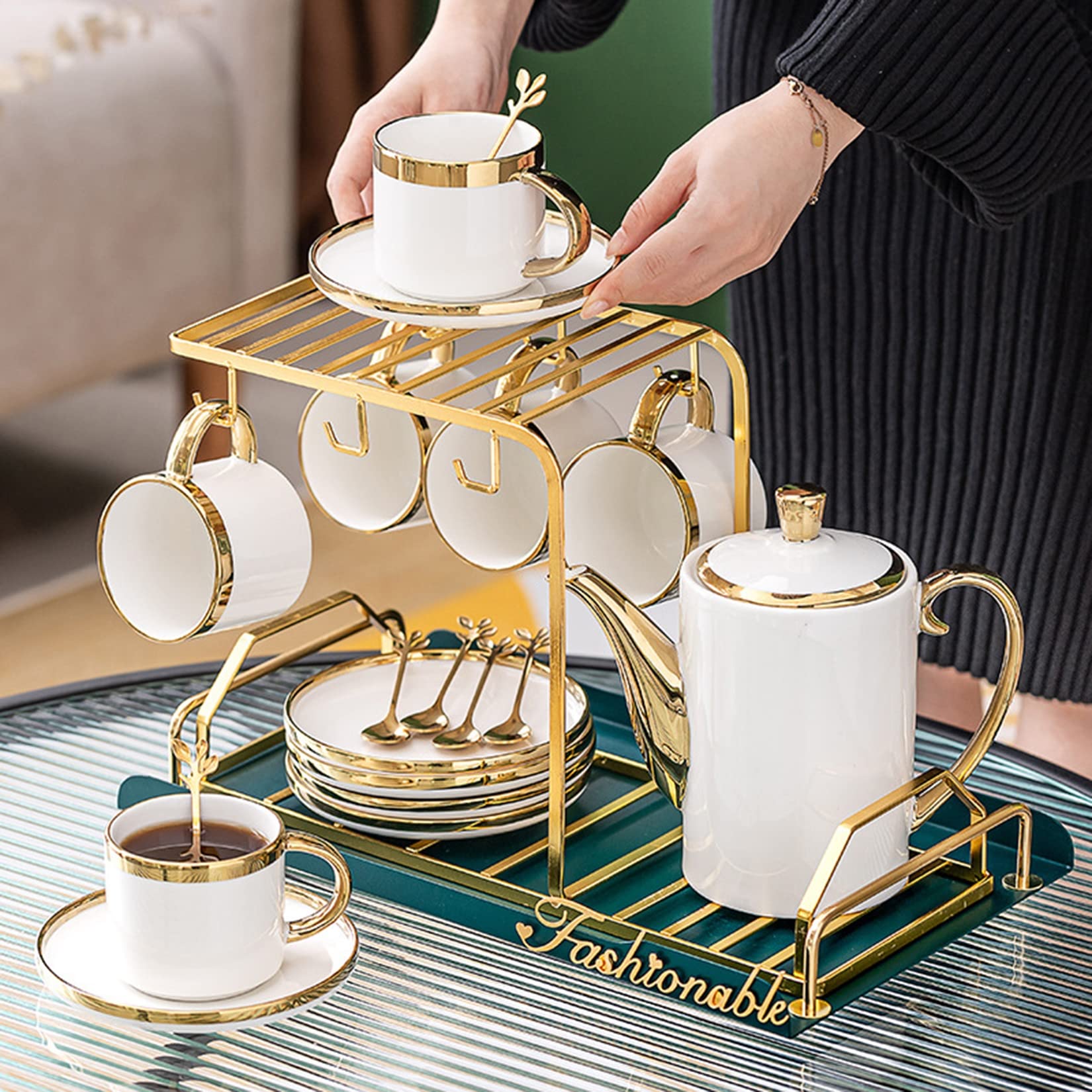 Set regalo da 21 pezzi in porcellana, ceramica, caffè, tè, tazze e piattino, teiera, vassoio e cucchiaini for cene in famiglia, regalo di lusso, verde/1240