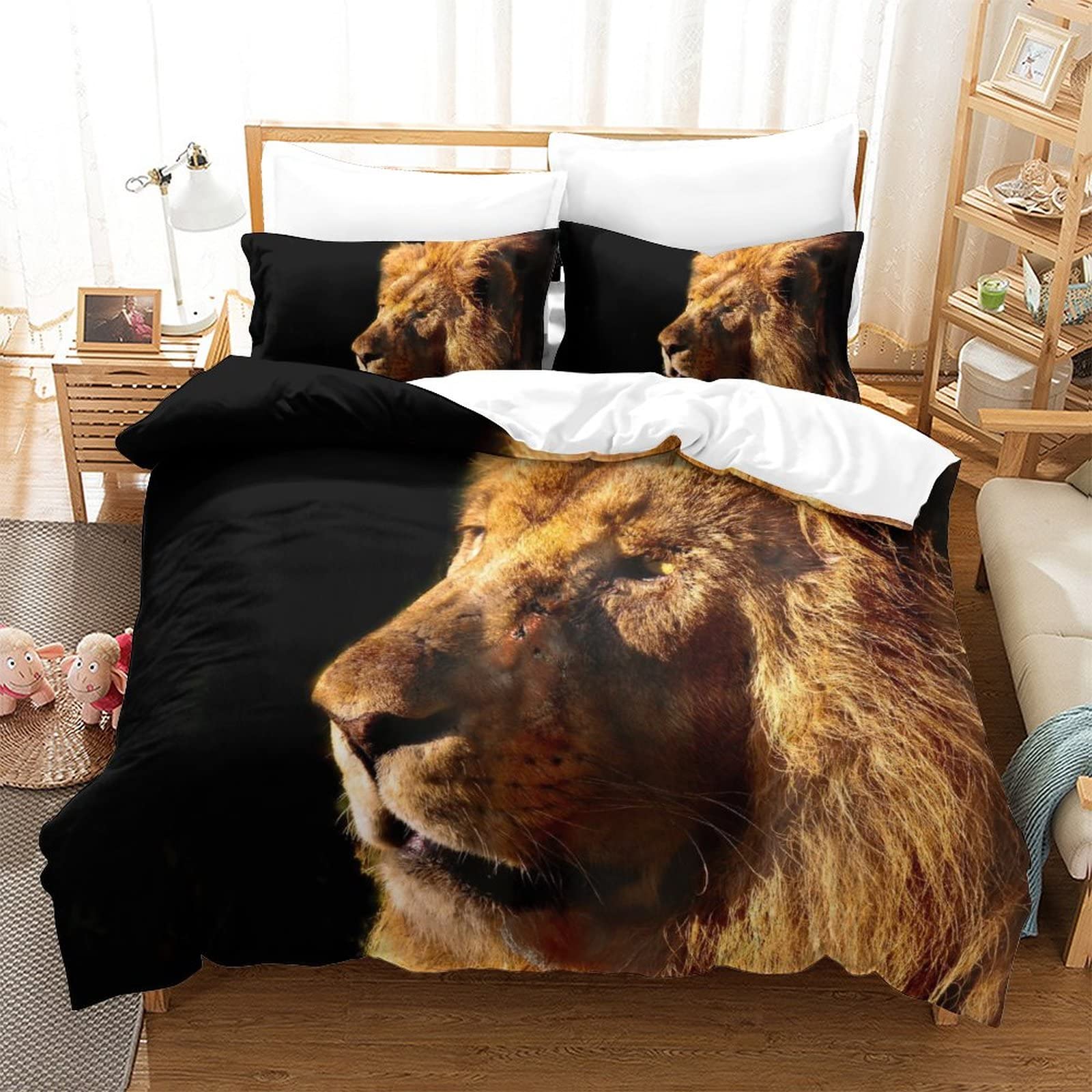 Housse de couette lion anti-décoloration, parure de lit 3D facile à entretenir pour grand lit