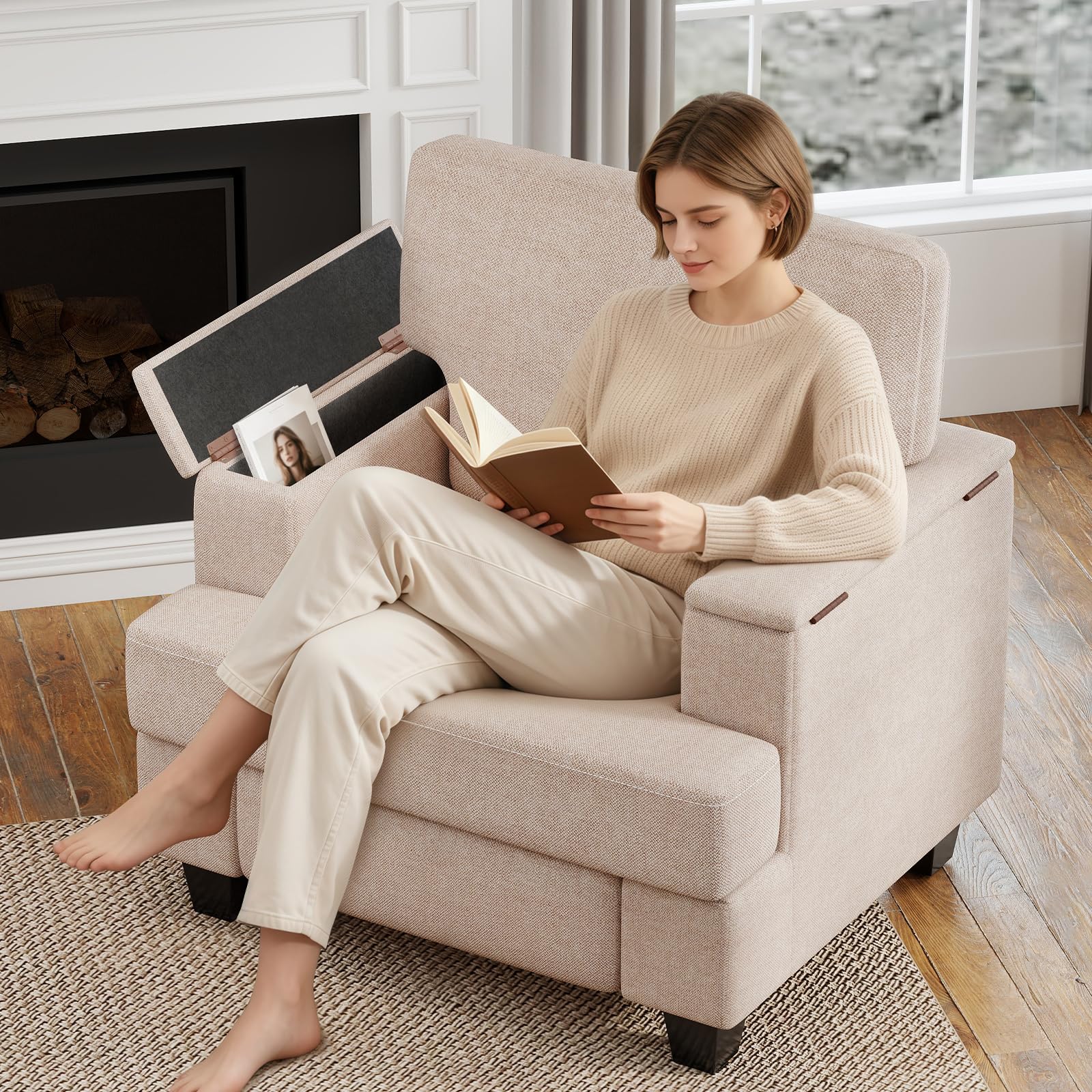 Extragroß Ohrensessel Sessel Wohnzimmer mit Stauraum, Fernsehsessel Relaxsessel mit Stauraum & Wurfkissen mit Armlehnen, Polstersessel Einzelsofa für Wohnzimmer Schlafzimmer, Beige