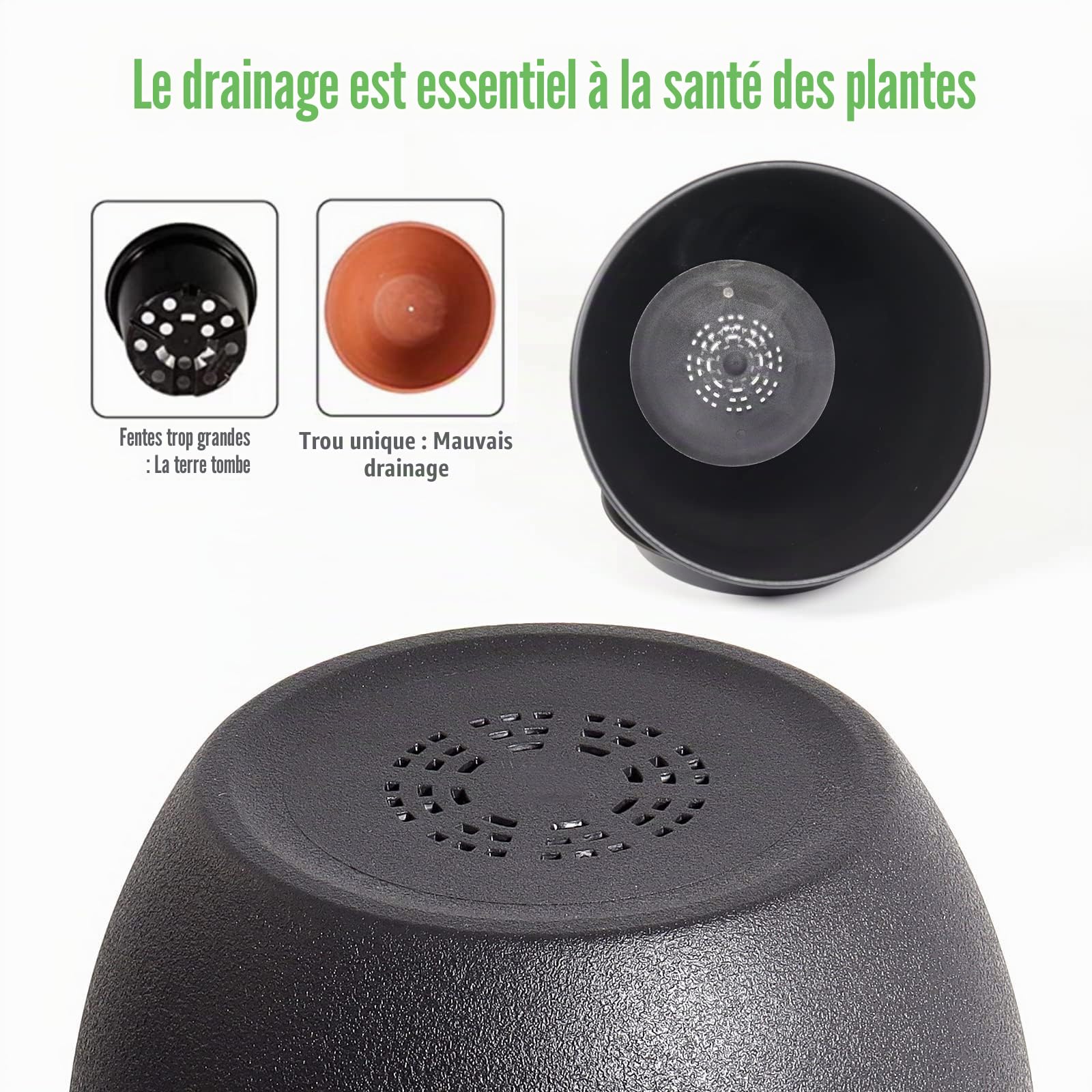 MUAEEOK Lot de 3 pots de fleurs décoratifs modernes en plastique avec trous de drainage et soucoupes pour chambre d'enfant, d'intérieur, 25/23/20 cm, noir
