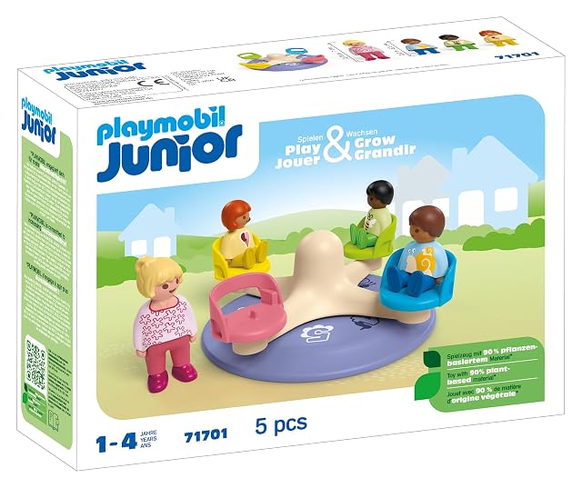 PLAYMOBIL Junior 71701 Carrusel, Incluye Asientos giratorios, Hecho de plásticos a Base de Plantas