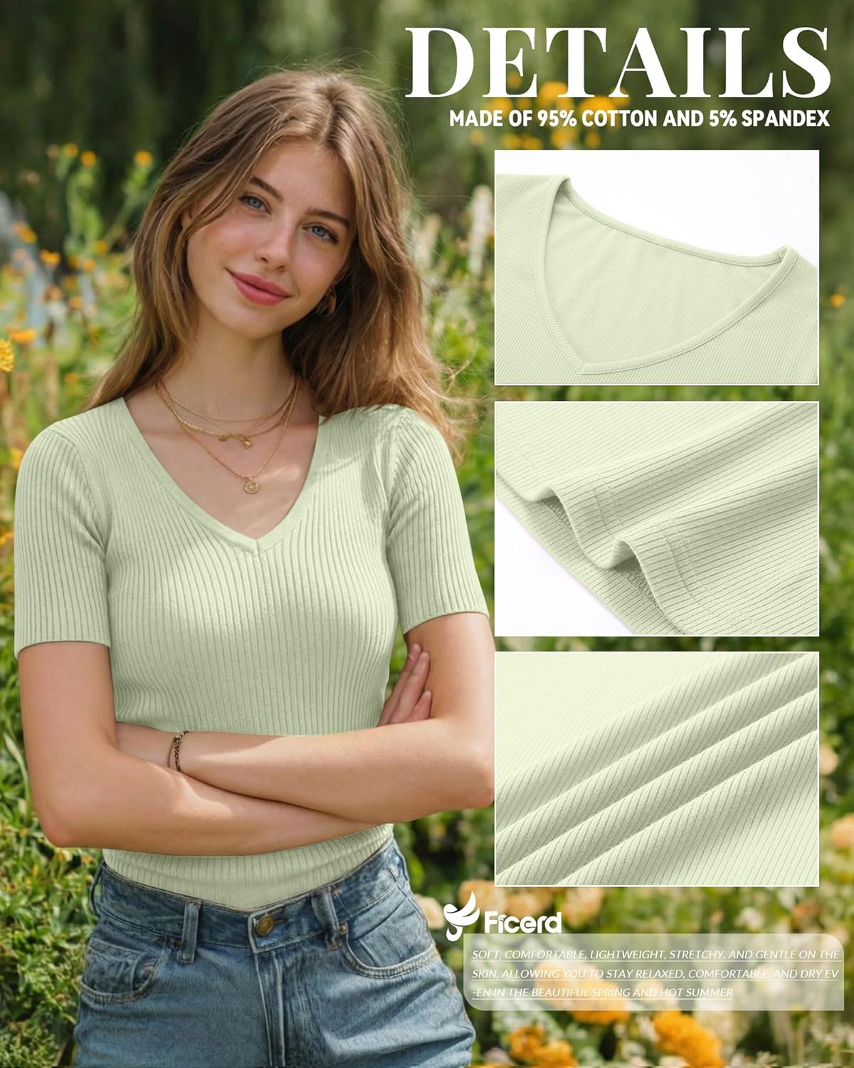 Ficerd 3 Pack Women's Short Sleeve Cotton T-Shirts V Neck Ribbed Slim Fit Tops Ladies' Casual Summer Basic Tee - Image 6