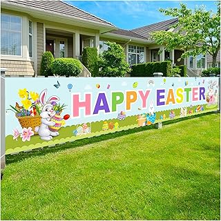 Happy Easter Banners, Easter Bunny Banner Egg Hunt Decorations, Spring Bunny Egg Butterfly Flower Easter Theme Party Banner Rustic Lawn Sign for Outside Garden