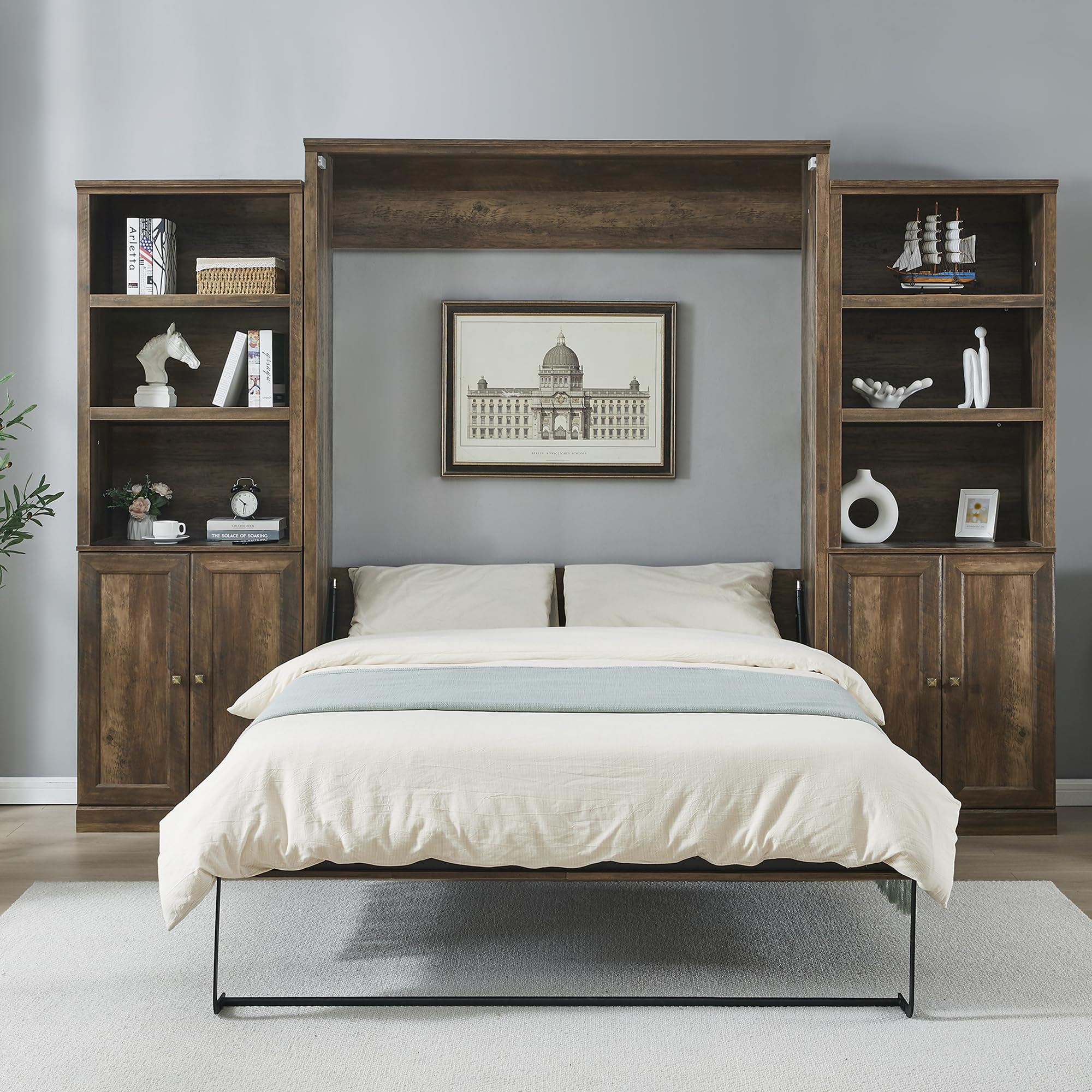 Ball & CastMurphy Bed Queen Size Half Self-Close and Open Hideaway Bedframe with 2 Side Cabinet Storage Shelf,Wood Folding Wall w/Slat Support,Space-Saving Furniture for Bedroom,Student Dorms,Brown