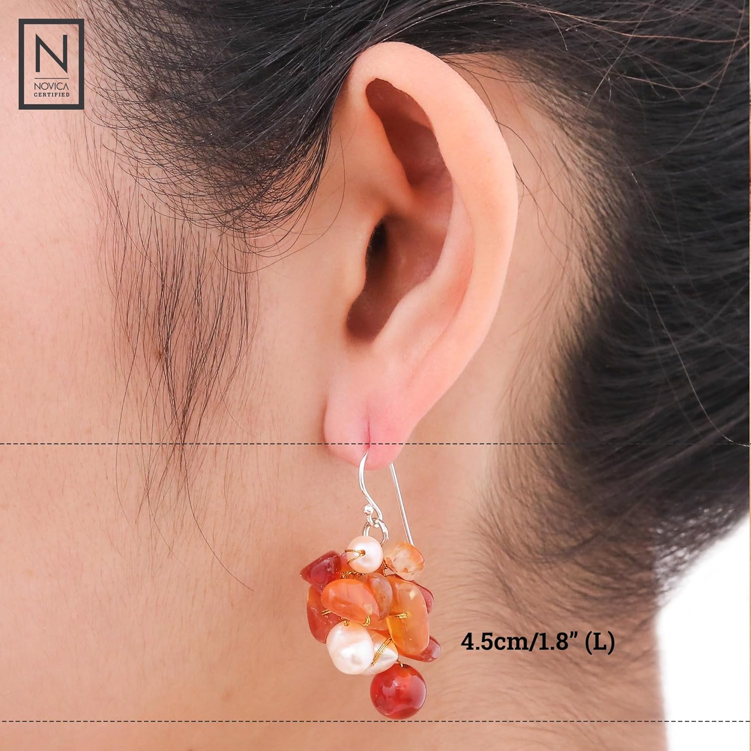 NOVICA Artisan Handmade Cultured Freshwater Pearl Carnelian Cluster Earrings Beaded .925 Sterling Silver Red Orange Dangle Thailand Celosia Birthstone 'Summer's Glow' - Image 3