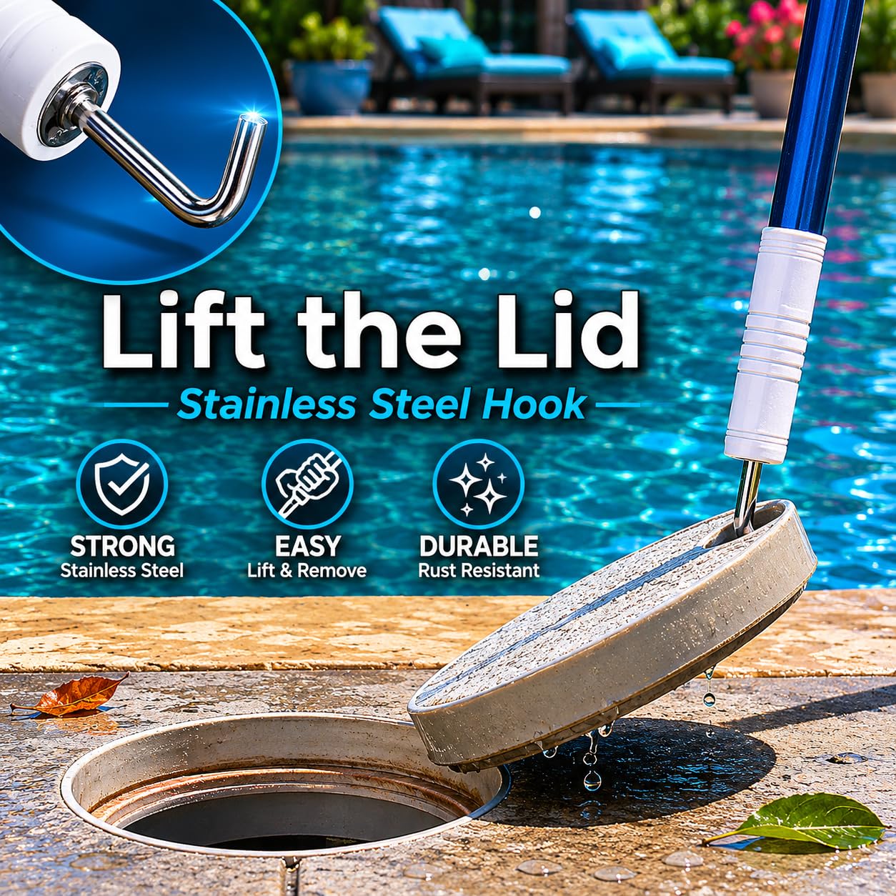 Kleiner Pool-Skimmer tiefes Netz und Haken zur Reinigung der Skimmer / 2 universelle Skimmergriffe / Skim rund um den Pool und Whirlpool mit der leichten Stange
