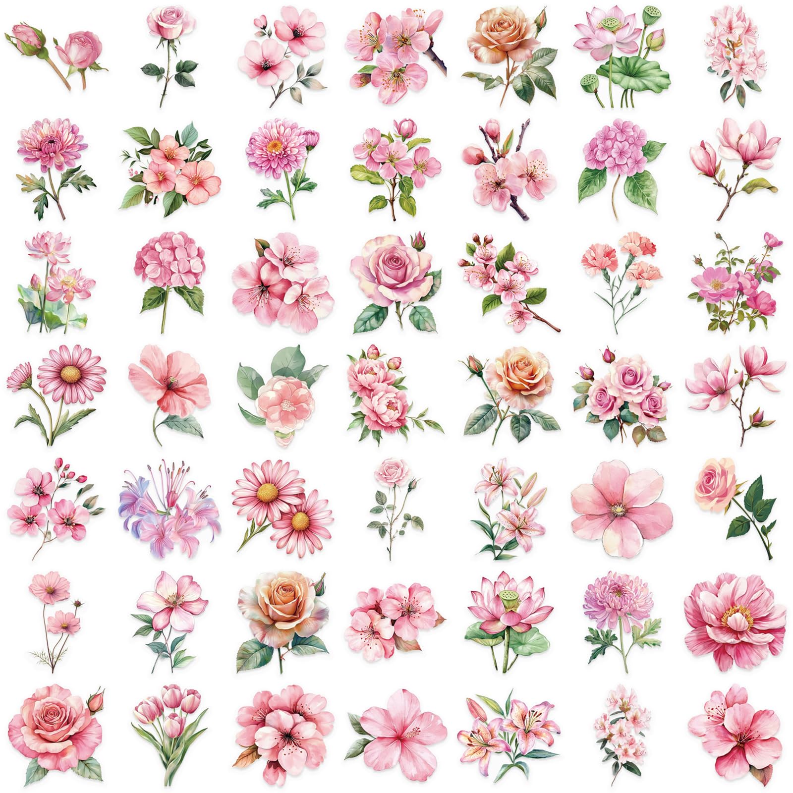 50 Sheets Flower Sticker Laptop Sticker Decal Clear Decorative Scrapbooking for Journaling Water Bottle