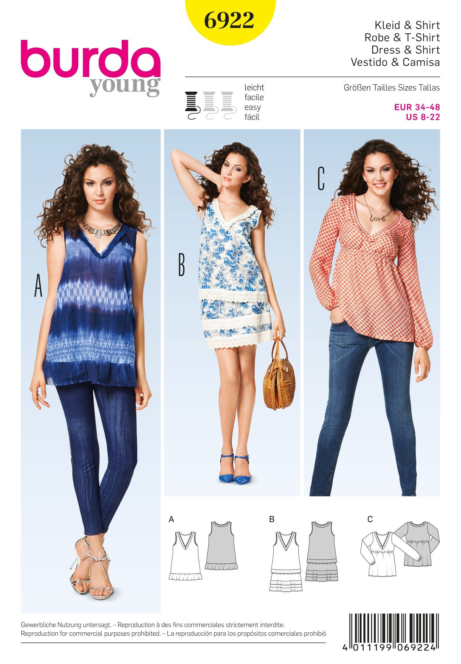Burda Ladies Easy Sewing Pattern 6922 - Tops & Dresses Sizes: 8-22