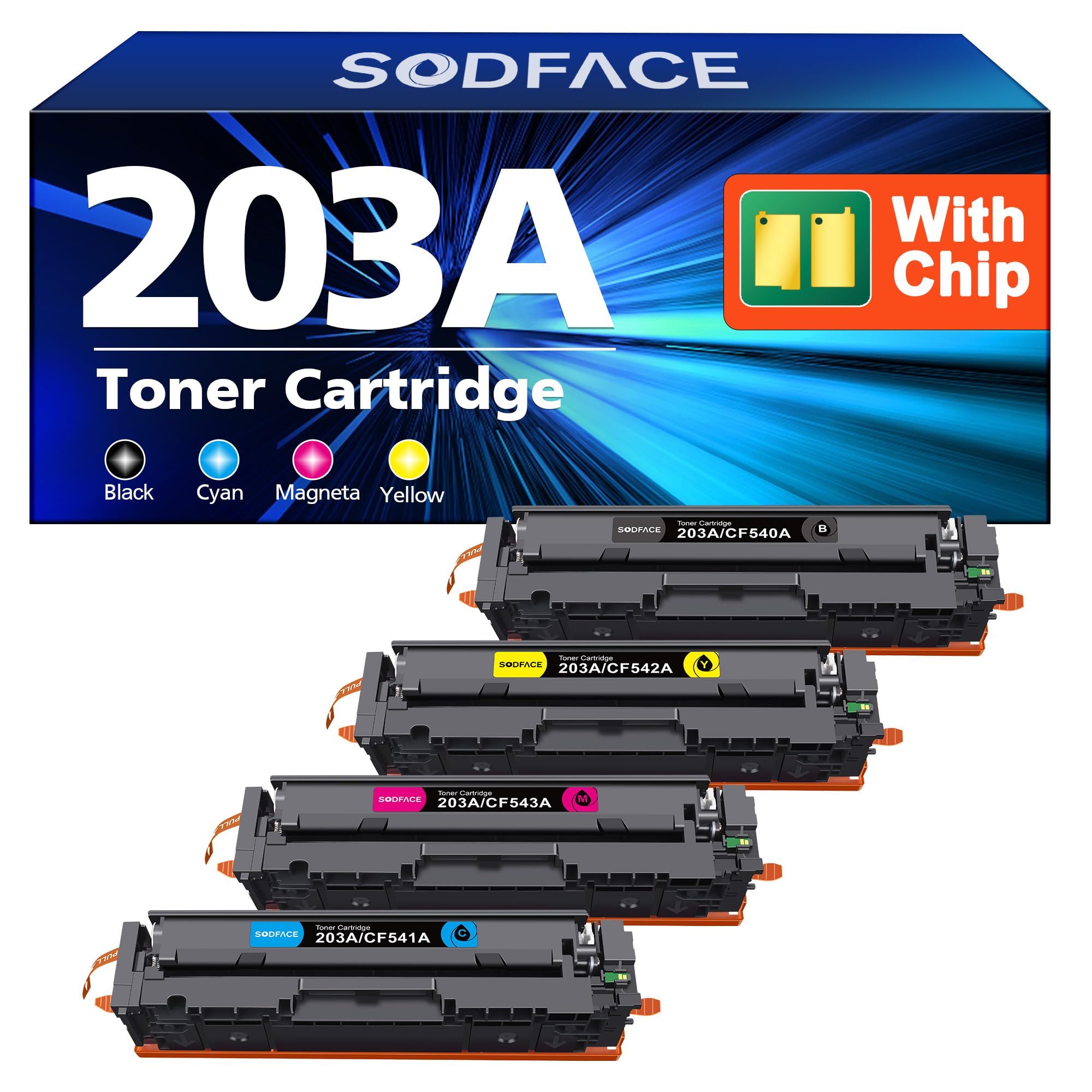 SODFACE 203A Kompatibel für HP 203X 203A Toner Set für Color LaserJet Pro MFP M281fdw M281fdn M280nw M254dw M254nw CF540A CF541A CF542A CF543A Tonerkartusche (Schwarz Cyan Gelb Magenta, 4er-Pack)