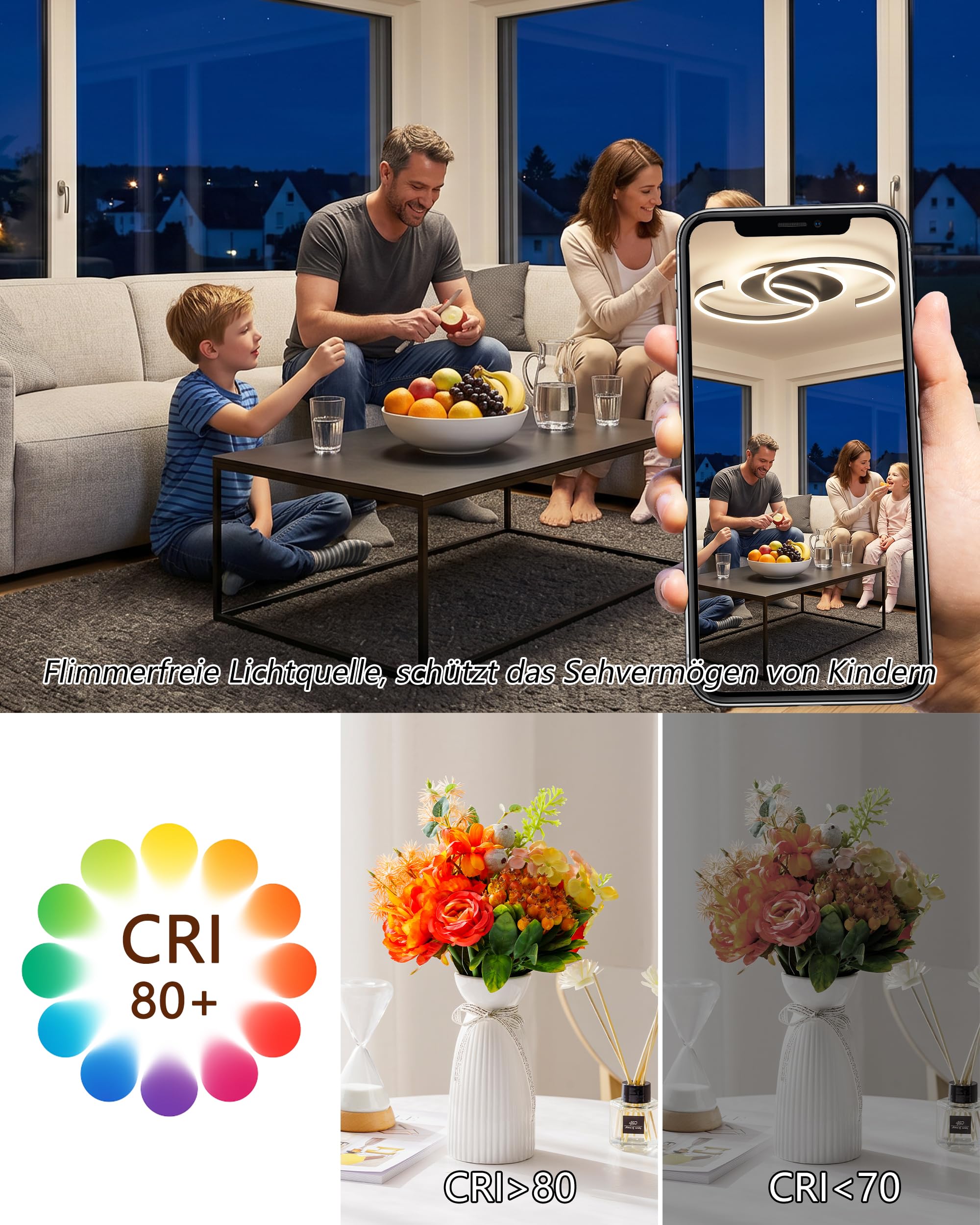 LED Deckenleuchte Dimmbar schwarz „S“ Typ, 60cm 40W Farbtemperatur 3000-6000K, Helligkeit 4-40W, Mit Fernbedienung/Mobile APP, Für Wohnzimmer, Groß Schlafzimmer, Mit Memory-Funktion, 4W Nachtlicht