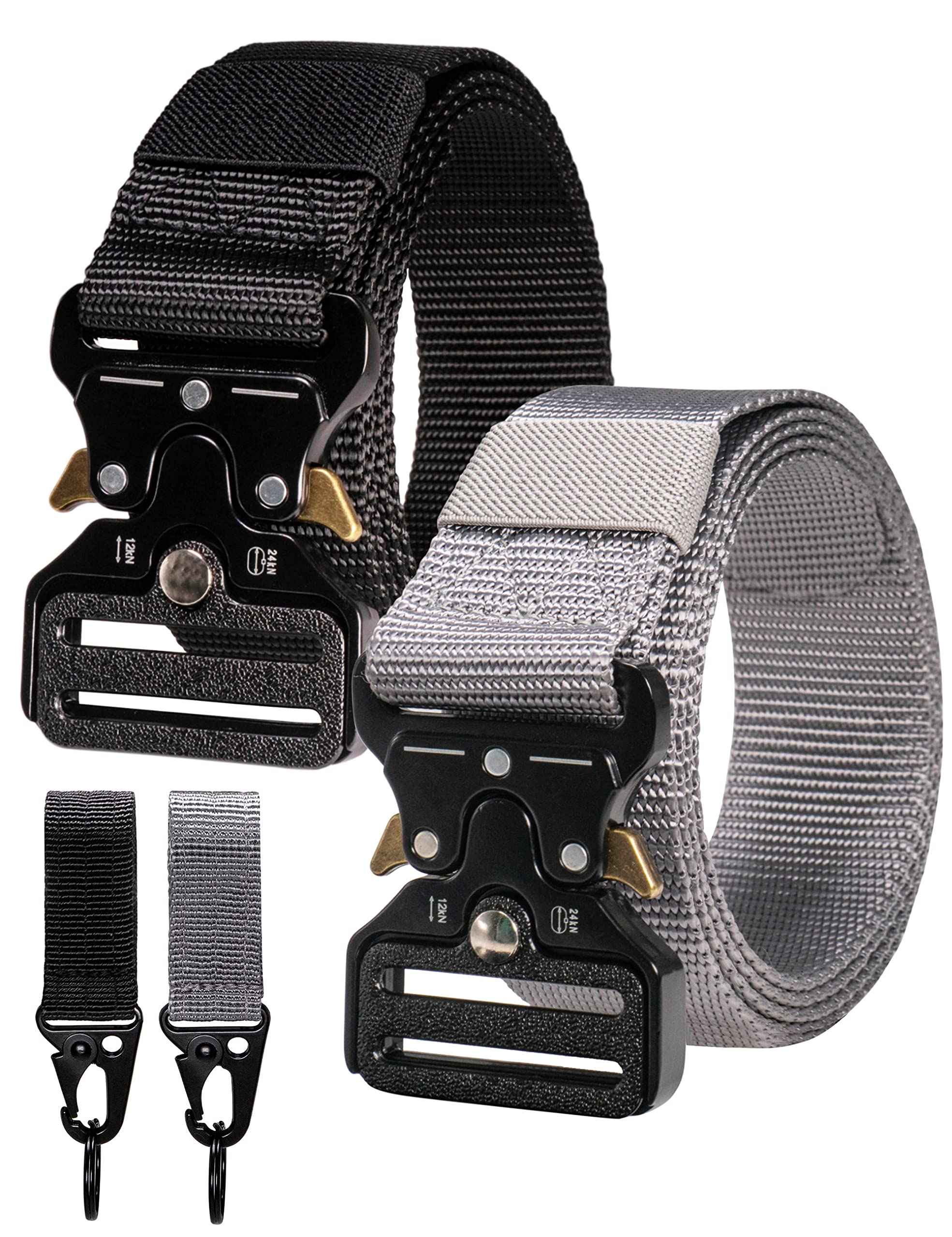 RBOCOTTBlack Grey Rigger Tactical Belt for Men Outdoor Nylon Work Belt and Gear Key Hook Set with Release Metal Buckle(Black+Grey 125cm)
