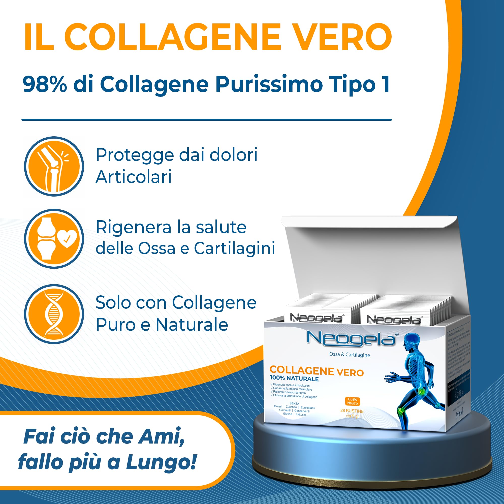 Neogela - 98% di collagene purissimo (Formato da 140gr, Prodotto Naturale) - Scatola da 28 Buste da 5gr - Benessere Osseo e Articolare
