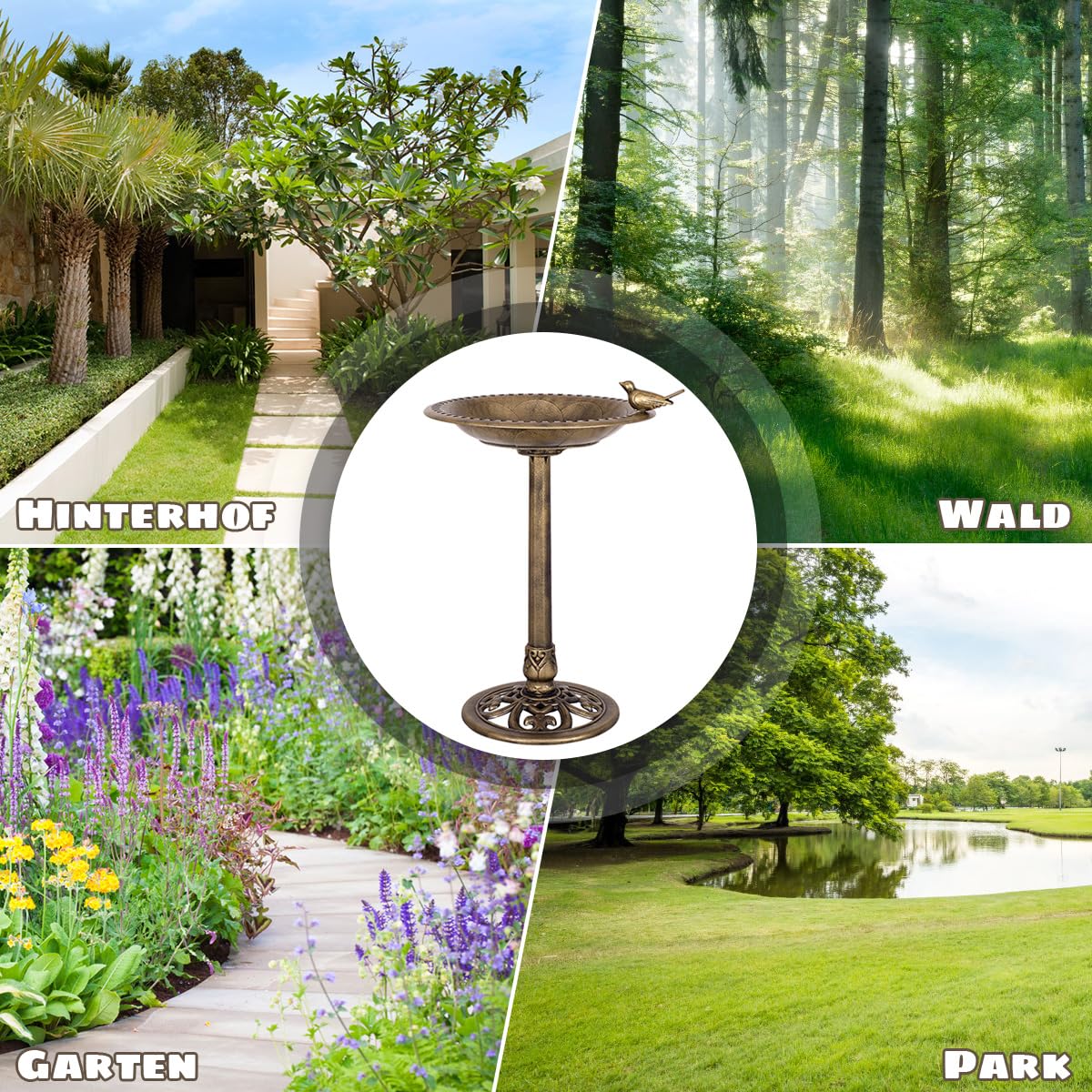 SOARS Magiatoia per Uccelli Ø51 x 72 cm di Altezza, Abbeveratoio per Uccelli Selvatici Decorazione da Esterno Stile Rustico Effetto Bronzo, Vasca per Uccello da Giardino e Balcone (Bronzo Giallo)