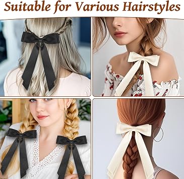 MOXYOY 2PCS Bow Hair Clip, Black Hair Bows for Girls Silky Satin, Solid Color Large Bowknot Hairpin with Long Ribbon, Barrettes Accessories for Girls Women (Black)
