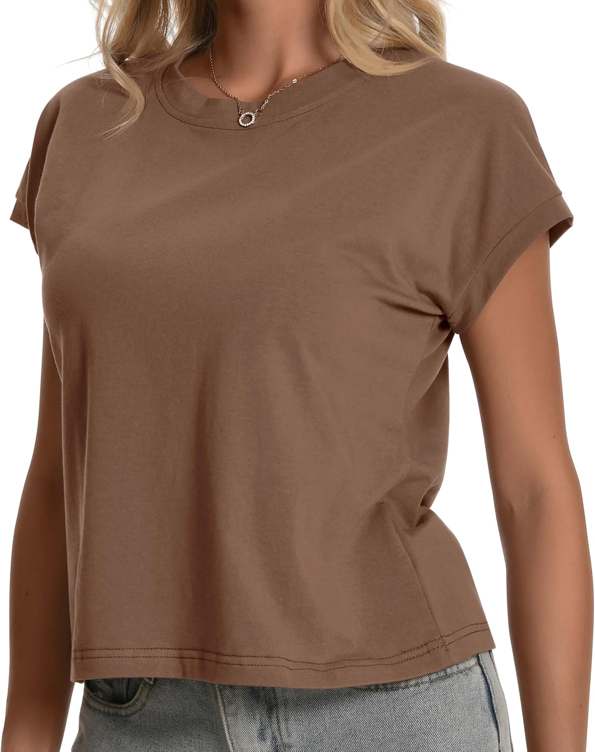 Womens Summer Tops, Cotton Crew Neck Cap Sleeve Loose Fit Shirts, Casual Trendy Lightweight Pullover Basic Tees - Image 2