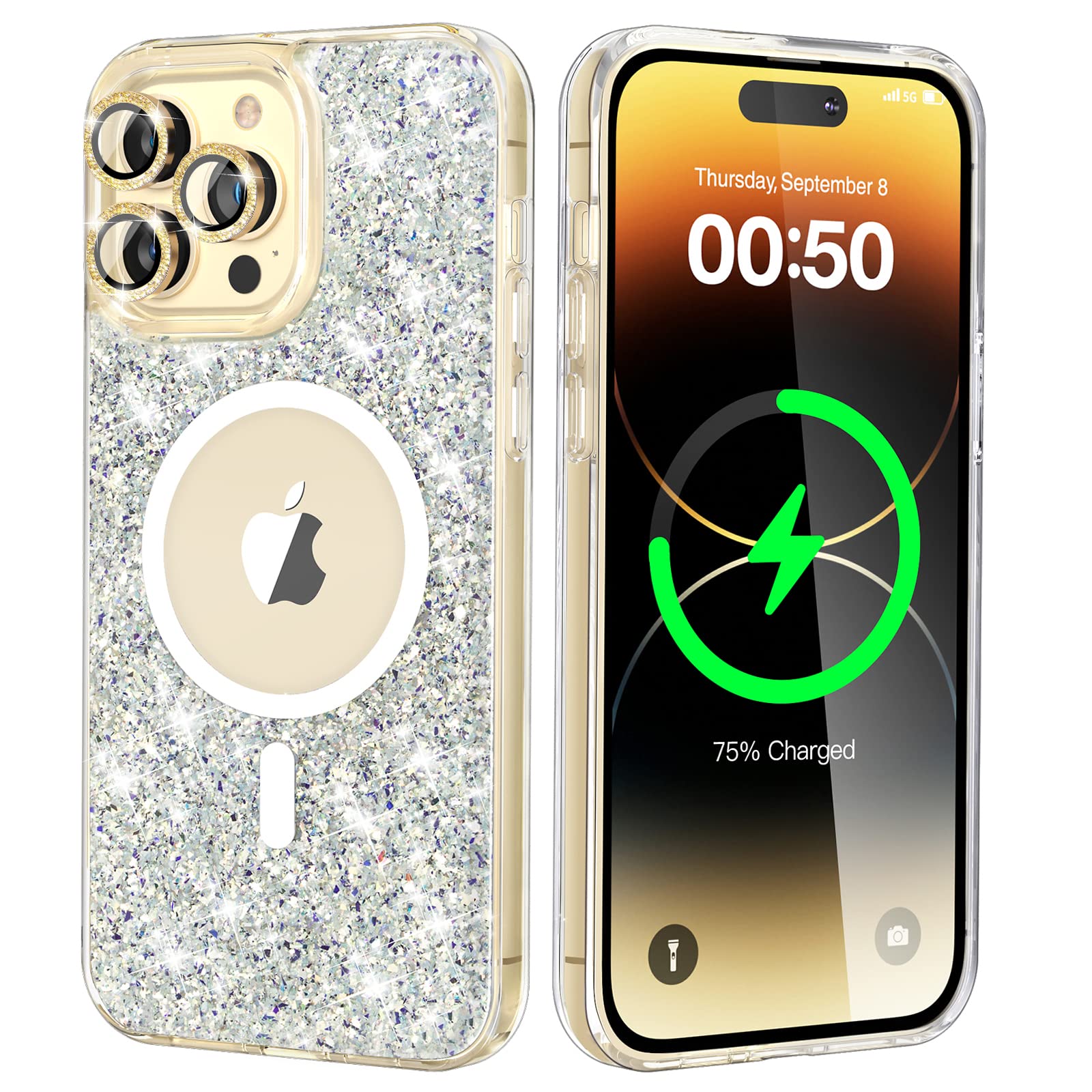 AbitRed for iPhone 14 Pro Max Case Twinkle [3 x Diamond Camera Lens Protectors] [Compatible with MagSafe] Anti-Yellowing, 10FT Drop Protection, Cute Bling Magnetic Phone Case for Women Gold