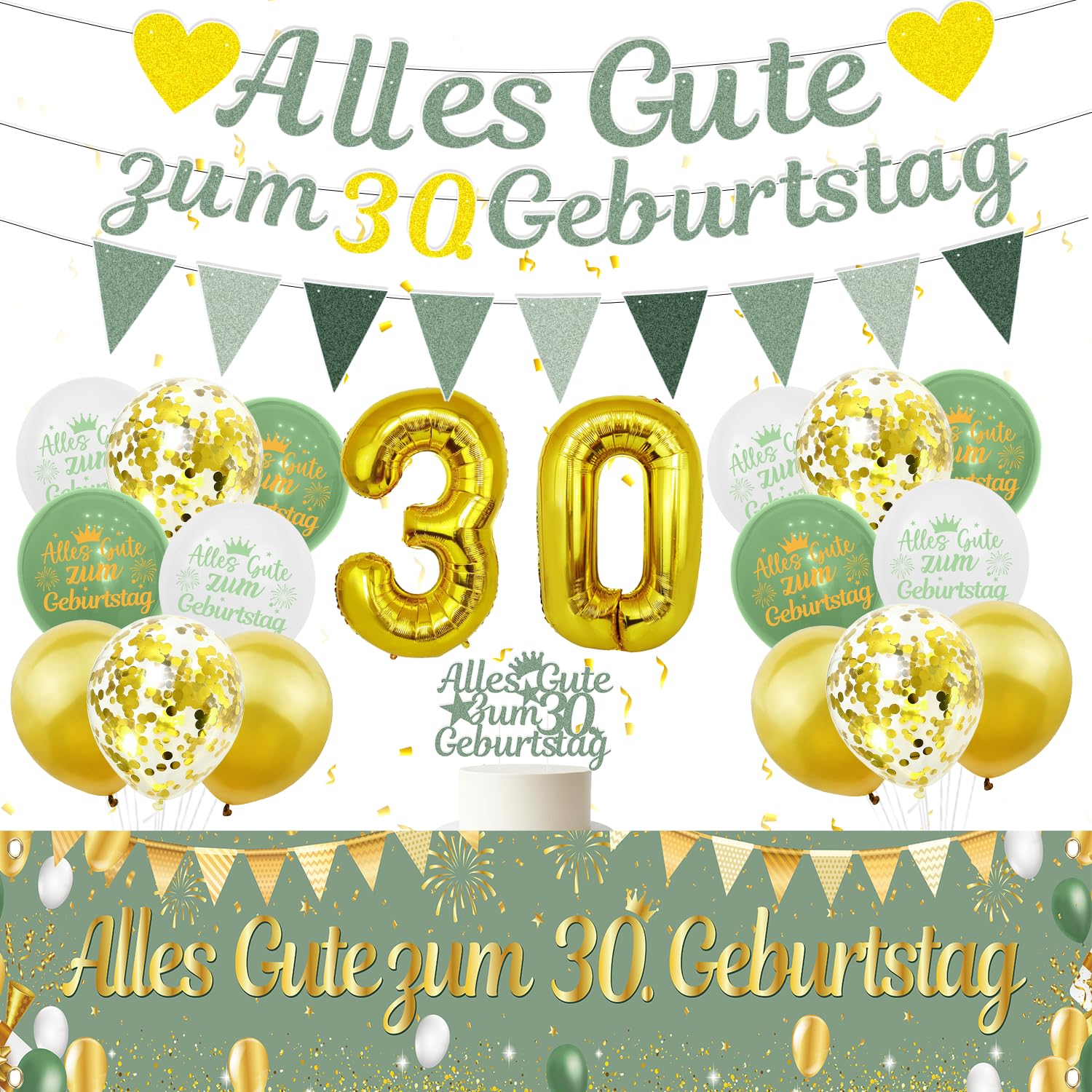 Afritee 30 Geburtstag Deko Mann Frau, 23 Stück Salbeigrüne Banner Girlande Luftballons Tortendeko Hintergrund, Riesen Folienballon Zahl 30 Alles Gute Zum 30. Geburtstag Party Deko