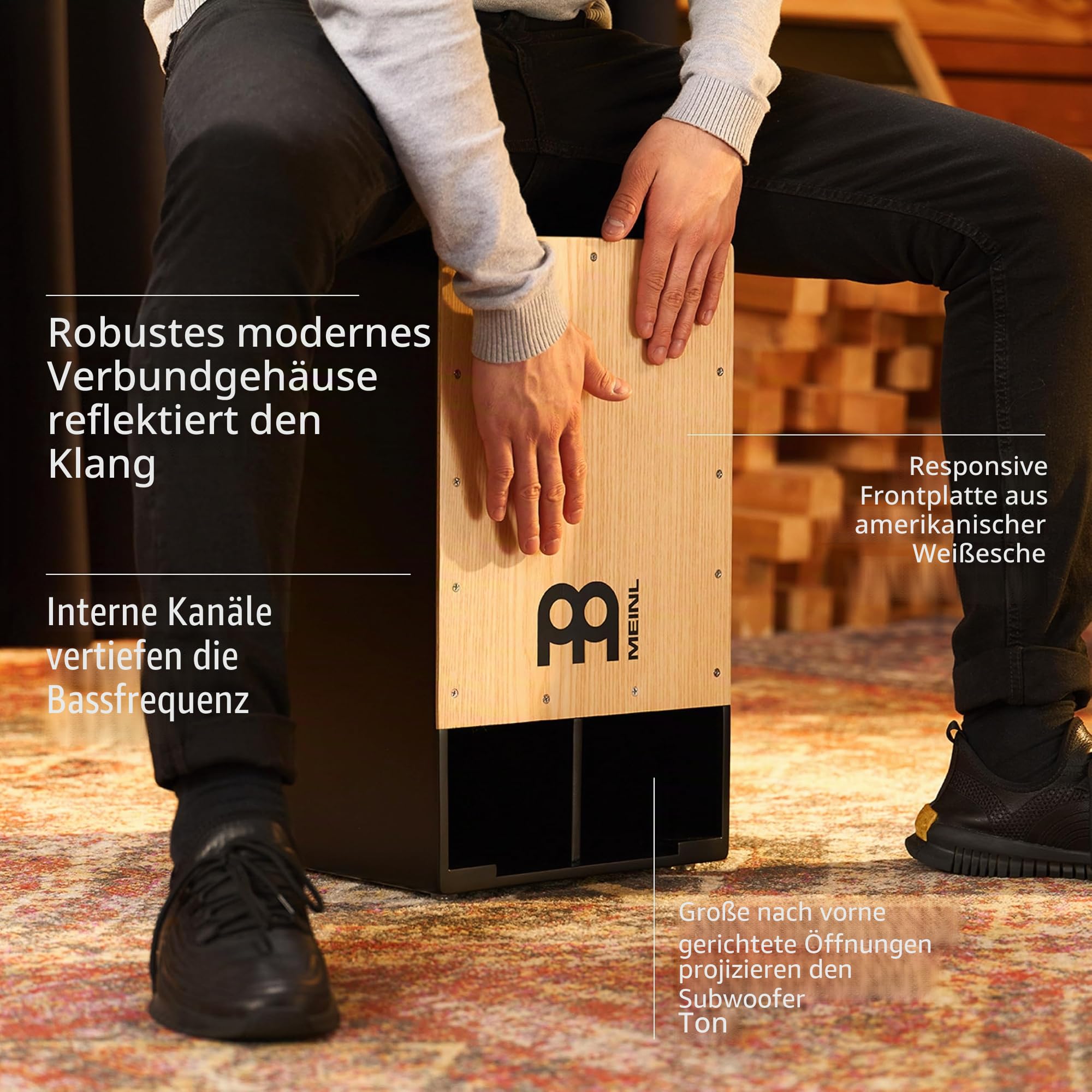 Meinl Subwoofer Cajon SUBCAJ1AWA, American White Ash #AWA | mit Snare-Teppich, Schalllöcher vorner, Interner Bass-Reflexkanal, Holzfaserplatte und Weißesche