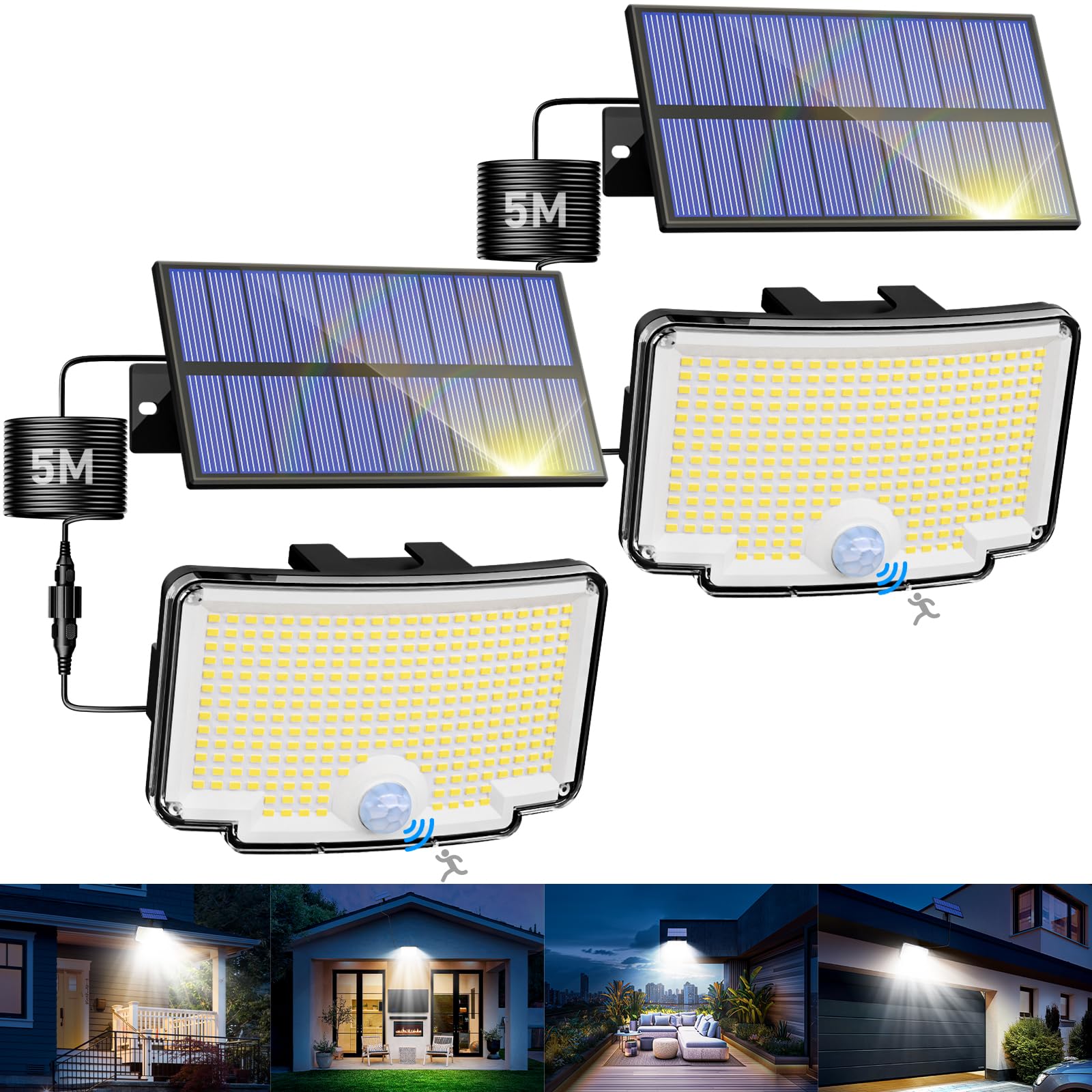 nipify Focos Led Exterior Solares, Luz Solar con Sensor de Movimiento, 318 LEDs/3 Modos, Impermeable Potente Lampara Solar para Jardín, Garajes, Caminos, 2 Paquete Blanco Frío