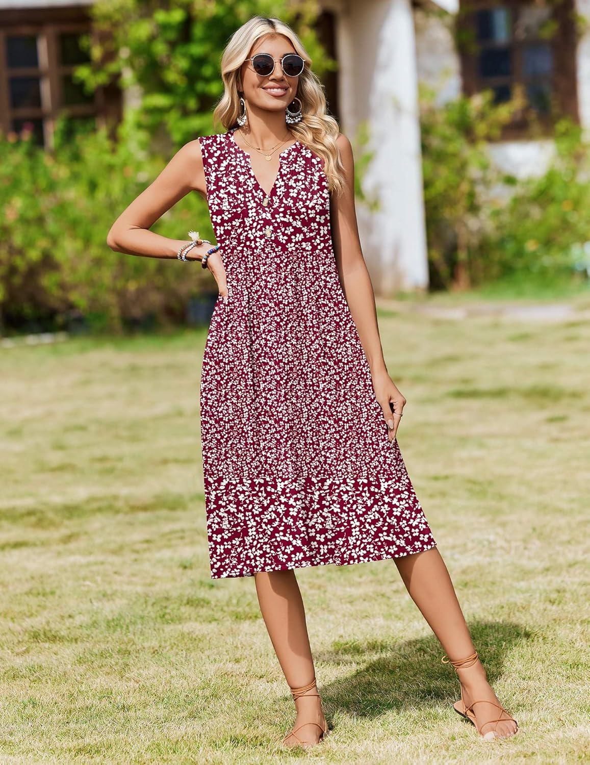 Zeagoo Women Summer Casual Dress 2026 Sleeveless Midi Tank Sundress with Pockets V Neck Buttons Pleated A Line Tshirt Dress - Image 5