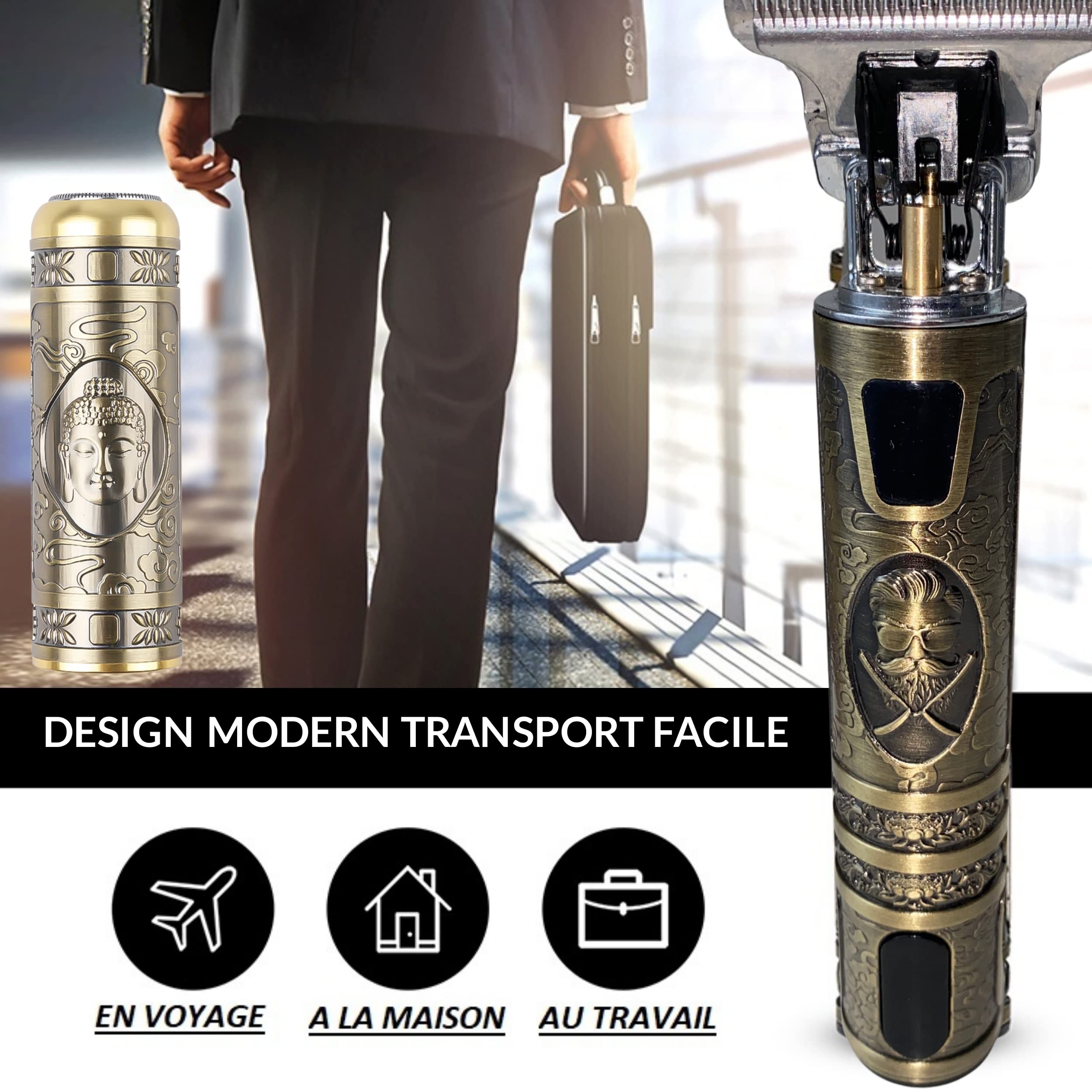 G Tondeuse Cheveux Hommes + Rasoir Électrique Homme À Grille Sans Fil Barbe Electriques Professionnelle,Rasoir Barbe,Écran LED, Rechargeable KIT TABLIER POCHOIR CONTOURS OFFERTS, Or