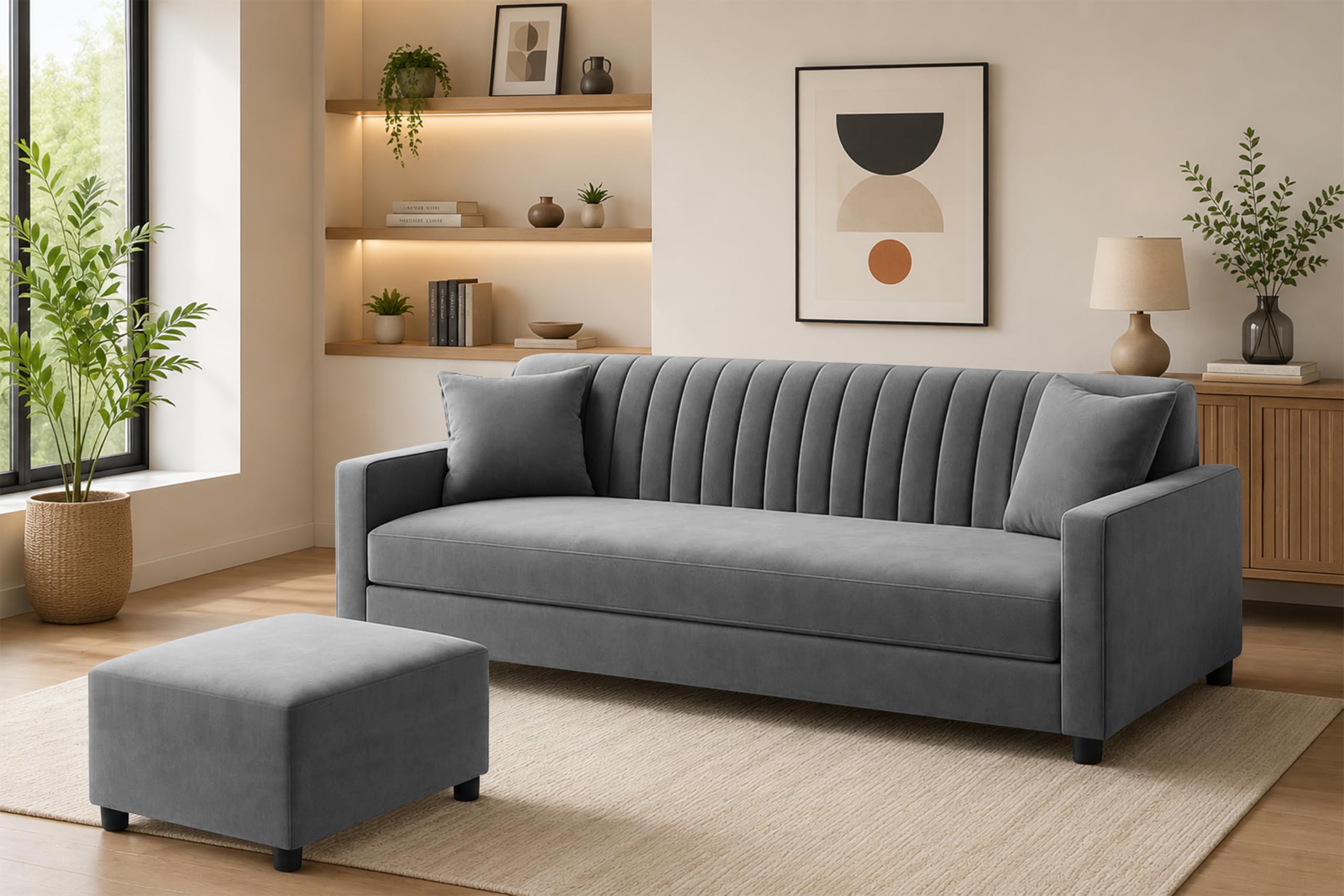 Modern 3-Seater Wooden Sofa Set with Ottoman, Soft Velvet Upholstery, Comfortable Couch for Living Room, Office & Apartment - Grey Color-image-21