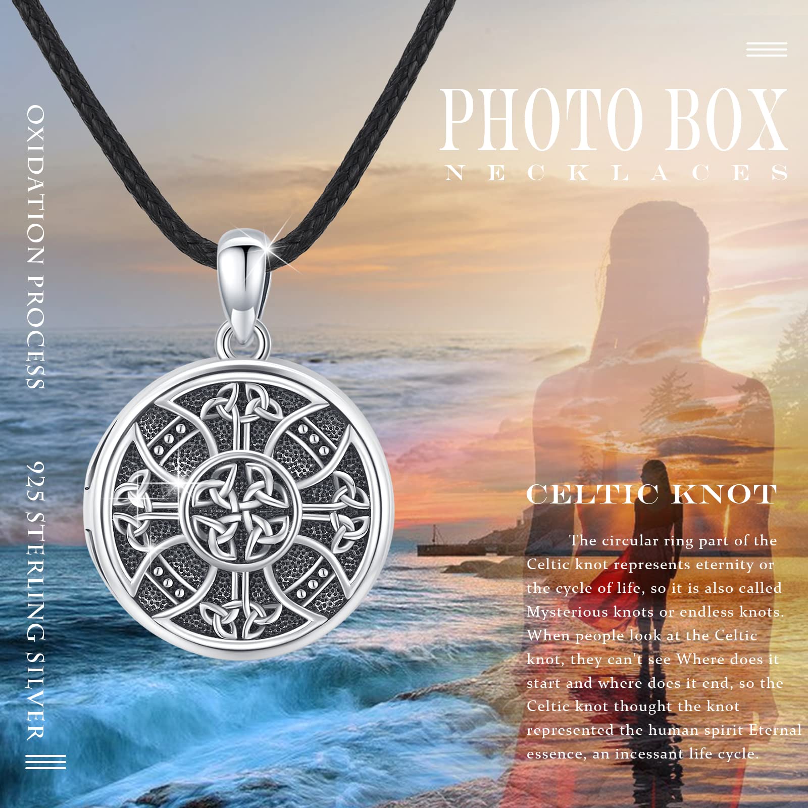 Collar con medallón de nudo celta de plata de ley 925, con cruz de plata de ley 925, medallón de fotos, collar celta que sostiene la imagen, colgante de joyería para mujeres, hombres, hijo, regalo