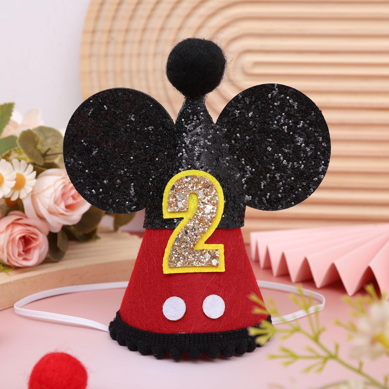WAOUH 2nd Birthday Party Hat for Toddler, Mouse-Themed Crown with Ears for Cake Smash, Red & Black Photo Props, Adjustable for Boys and Girls (2nd Birthday Crown)
