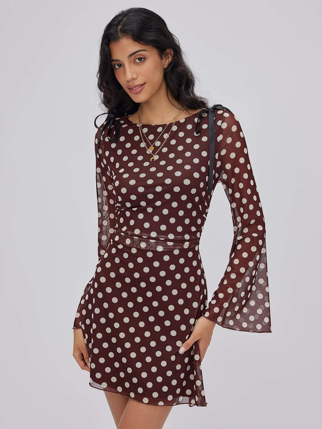 CIDER Polka Dot Dress Long Sleeve Sheer Bowknot Party Dress Women - Image 2