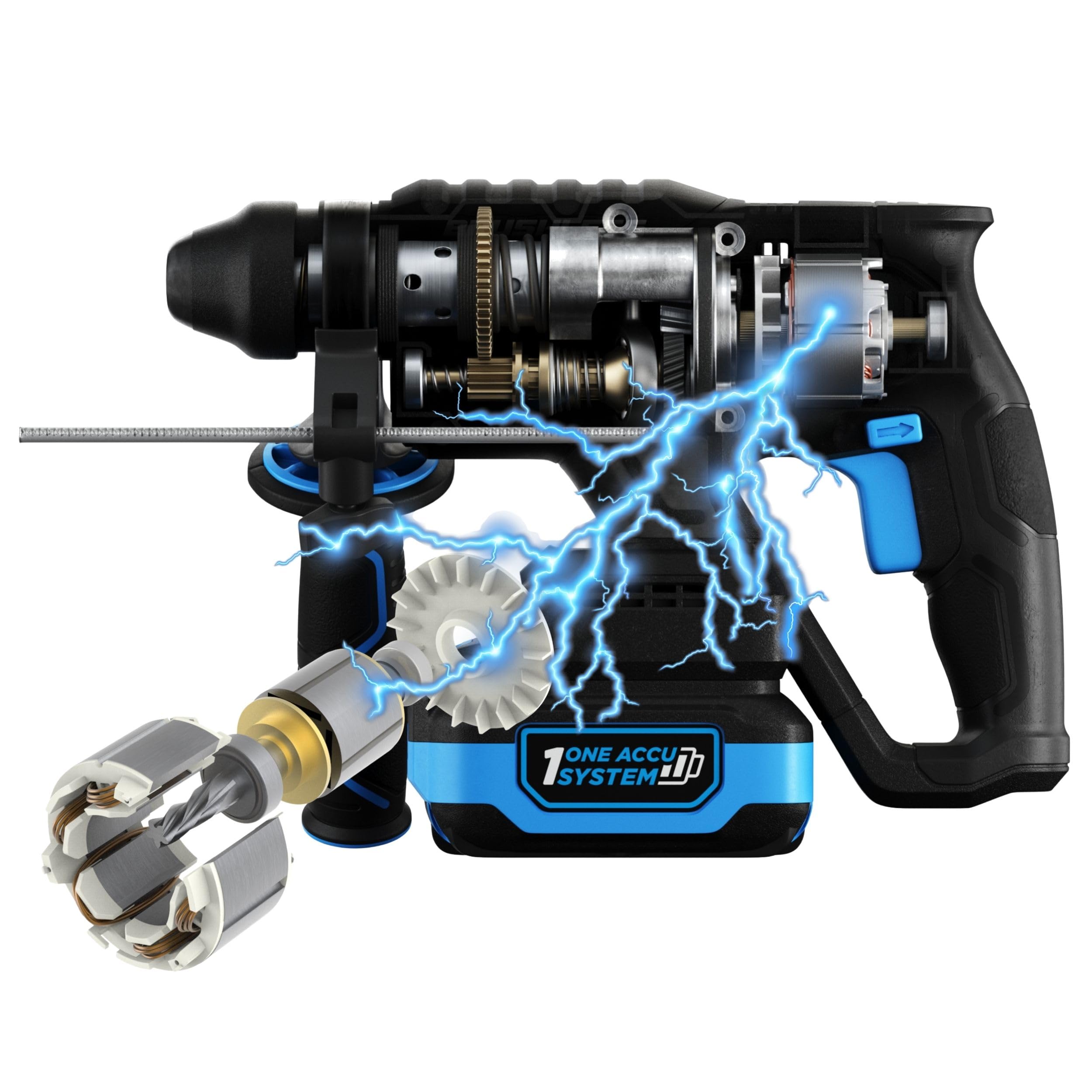 HÖGERT TECHNIK Martillo perforador a batería brushless 18V, 2,0 J, función cincelado, batería 4,0 Ah, cargador 4A, engranaje metálico, LED