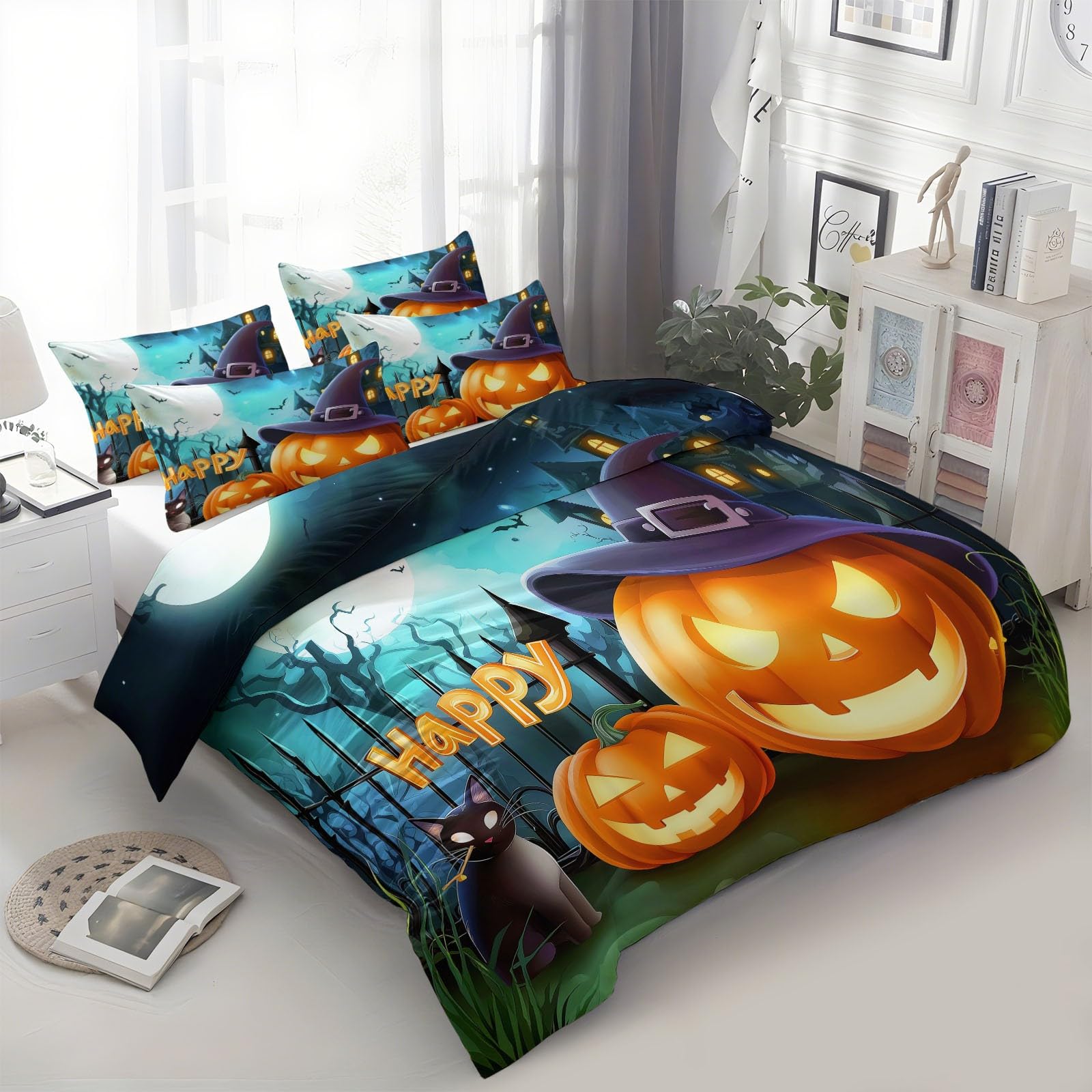 Zestaw kołder motyw Halloween kreskówka dynia, szczotkowana mikrofibra zestaw pościeli z 2 poszewkami na poduszki miękka hipoalergiczna poszewka na kołdrę 260 x 220 cm wielokolorowa, zestaw poszewek