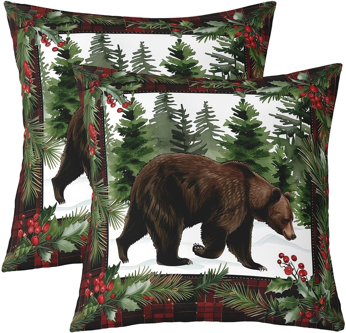 Hunting Bear Pillow Covers Xmas Red Fruits Pillow Cases
