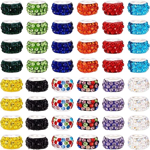 Vista 40 de Cheriswelry 100 cuentas europeas de agujero grande con diamantes de imitación de barril hechas a mano, arcilla polimérica, cuentas espaciadoras