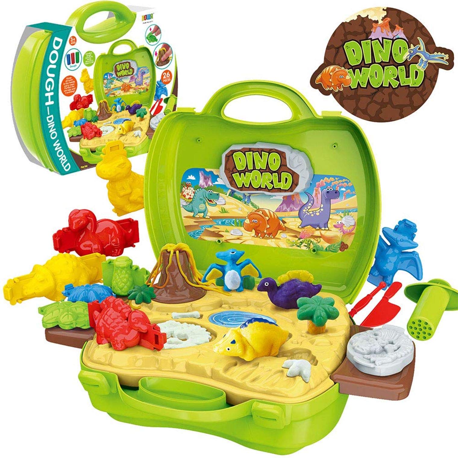 SARTHAMKids Play Dough Dinosaur Play Set 26 Pcs Pretend Play Toy Kit with Play Dough and Moulds in a Portable Case