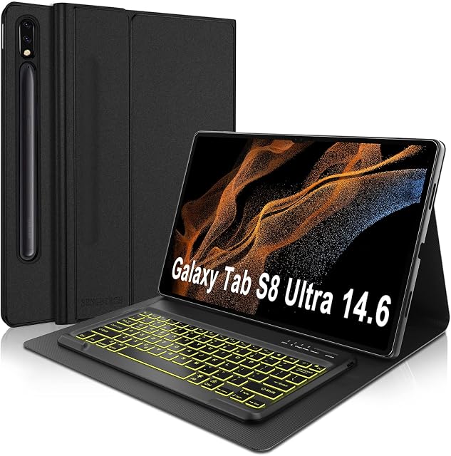 SENGBIRCH Backlit Keyboard Case for Samsung Galaxy Tab S8 Ultra 14.6 Inch 2022 (SM-X900/X906), Magnetic Detachable Wireless Bluetooth Keyboard & Slim Stand Cover with S Pen Holder