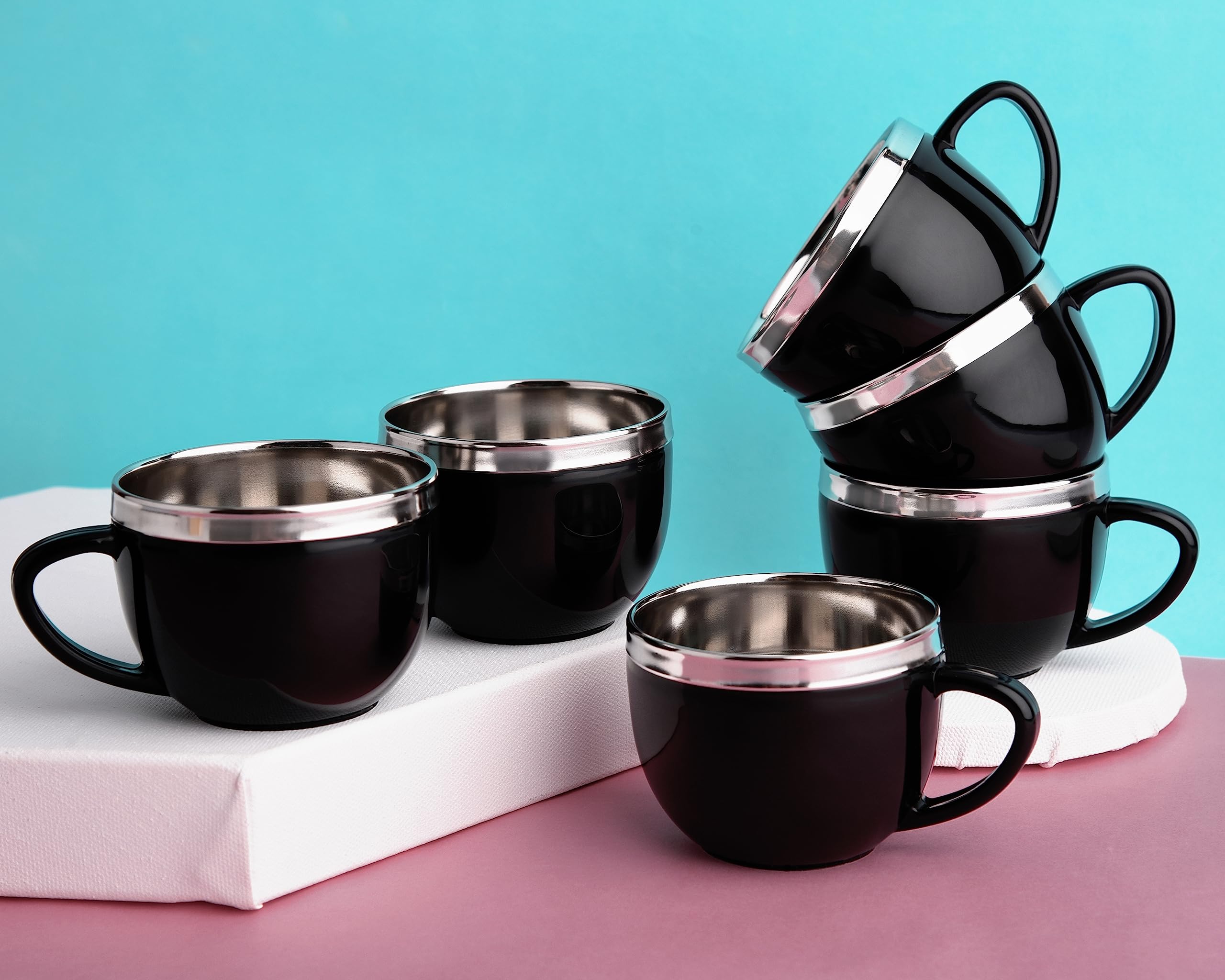 Homeware Stainless Steel Double Wall Tea Coffee Cups and Mugs (Clara 130ml (Set of 6), Black)