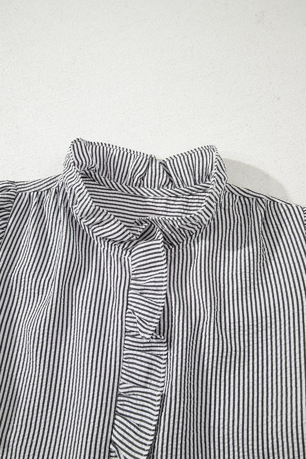 Womens Button Down Shirt Stand Collar Ruffle Top Striped Long Sleeve Shirts Work Tops for Women Trendy - Image 5