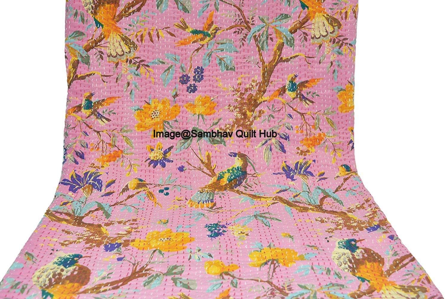 Queen/Twin/King Handmade Kantha Pink Bird Home Decor Bed Bohemian Bird Queen Bedspread Handcrafted Handmade Quilt Kantha Bird Print Cover Unique Blanket Bedding Quilt (60X90inch) (60X90 inch)
