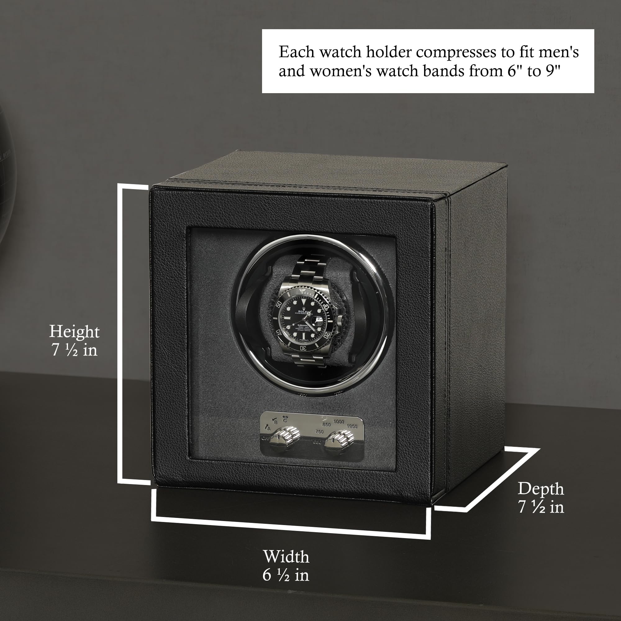 ROTHWELL Single Watch Winder for Automatic Watches with Quiet Motor with Multiple Speeds and Rotation Settings (Black/Grey)