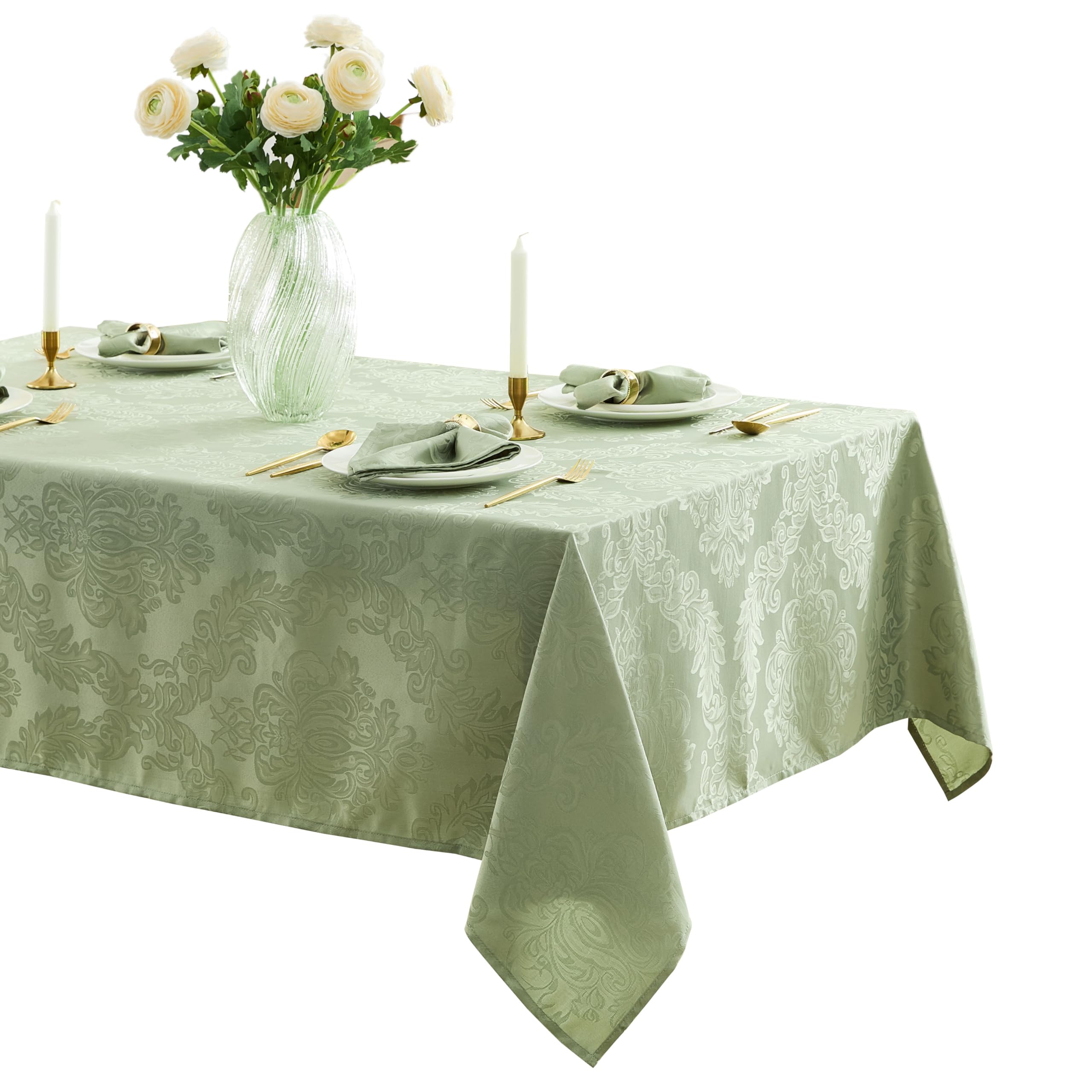 Newbridge Barcelona Damask Fabric Tablecloth, 60 x 84 Inch Rectangle, Sage Green – No Iron, Soil Resistant Table Cover for Dining, Parties and