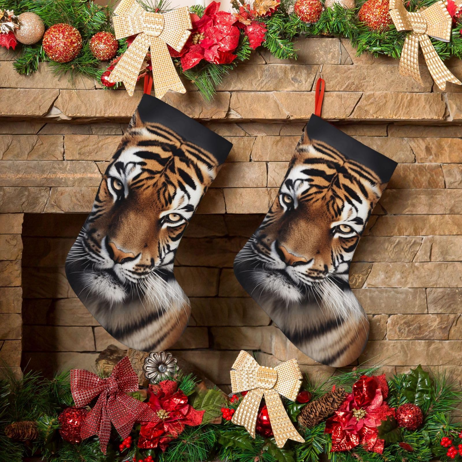 KLOPH Christmas Stockings 18" Personalized Xmas Stocking Tiger Decoration Stocking Hanging Fireplace Stocking for Holiday Xmas Tree Christmas Fireplace Decor