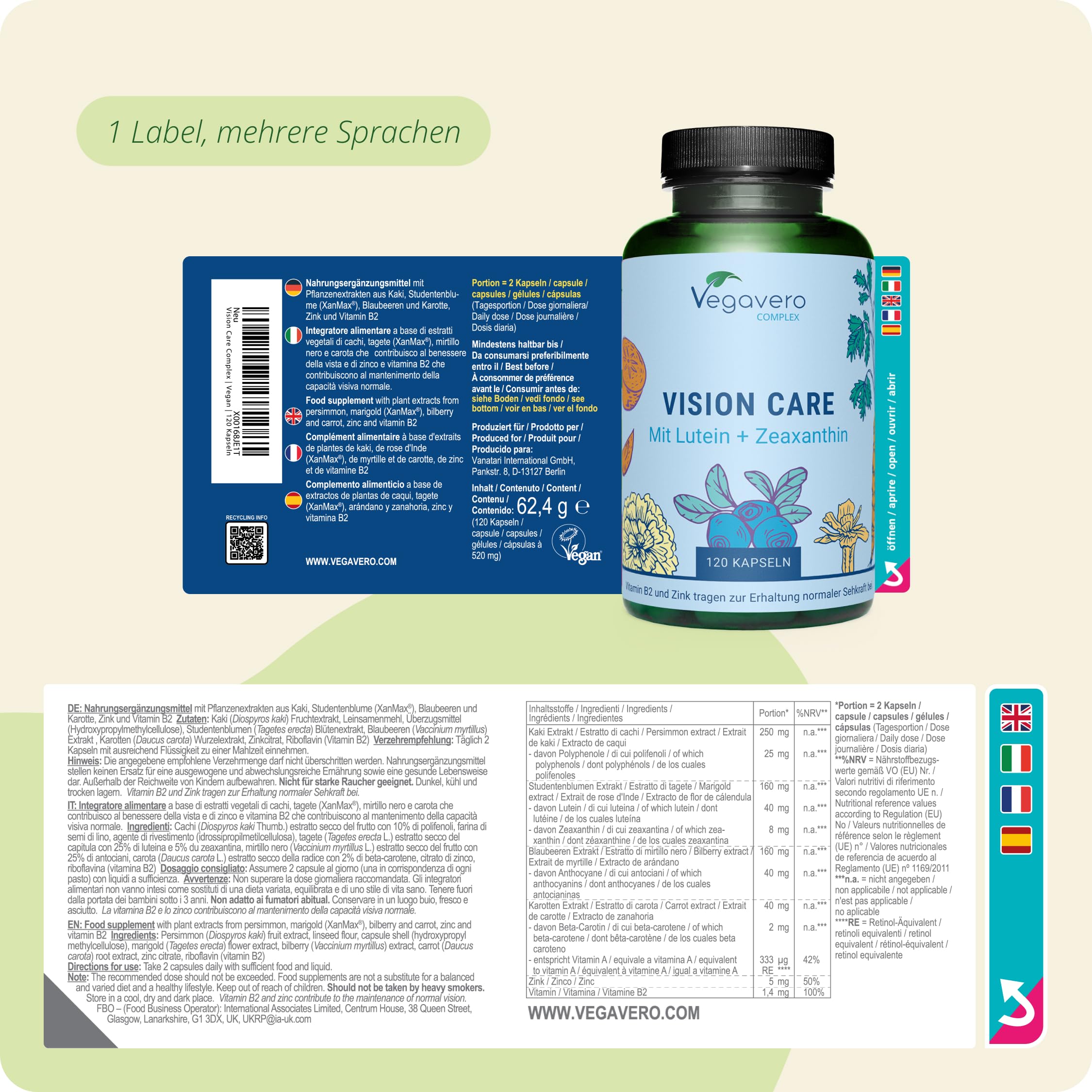 Vision Care Vegavero | Augenvitamine: Lutein & Zeaxanthin | Sehkraft & Augen* | 120 Kapseln | mit Beta Carotin, Heidelbeere, Vitamin B2 & Zink | Ohne Zusätze | Vegan