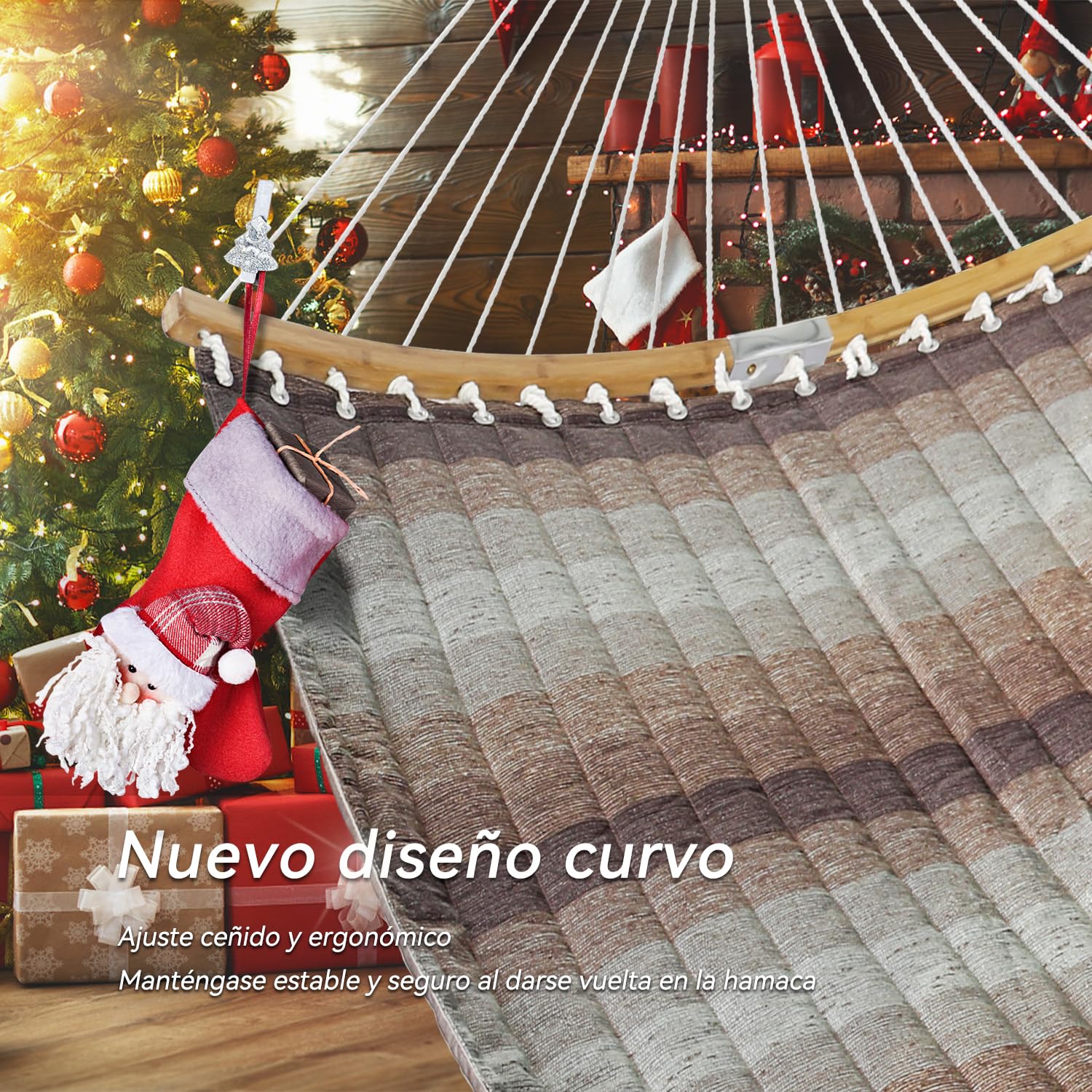Hamaca Doble, 335 cm, Hamaca Exterior para 2 Personas con Almohada, Barra Separadora Curva Plegable, Cadenas, Bolsa de Transporte, para Interiores y Exteriores, Carga 204 Kg, Verde Agua