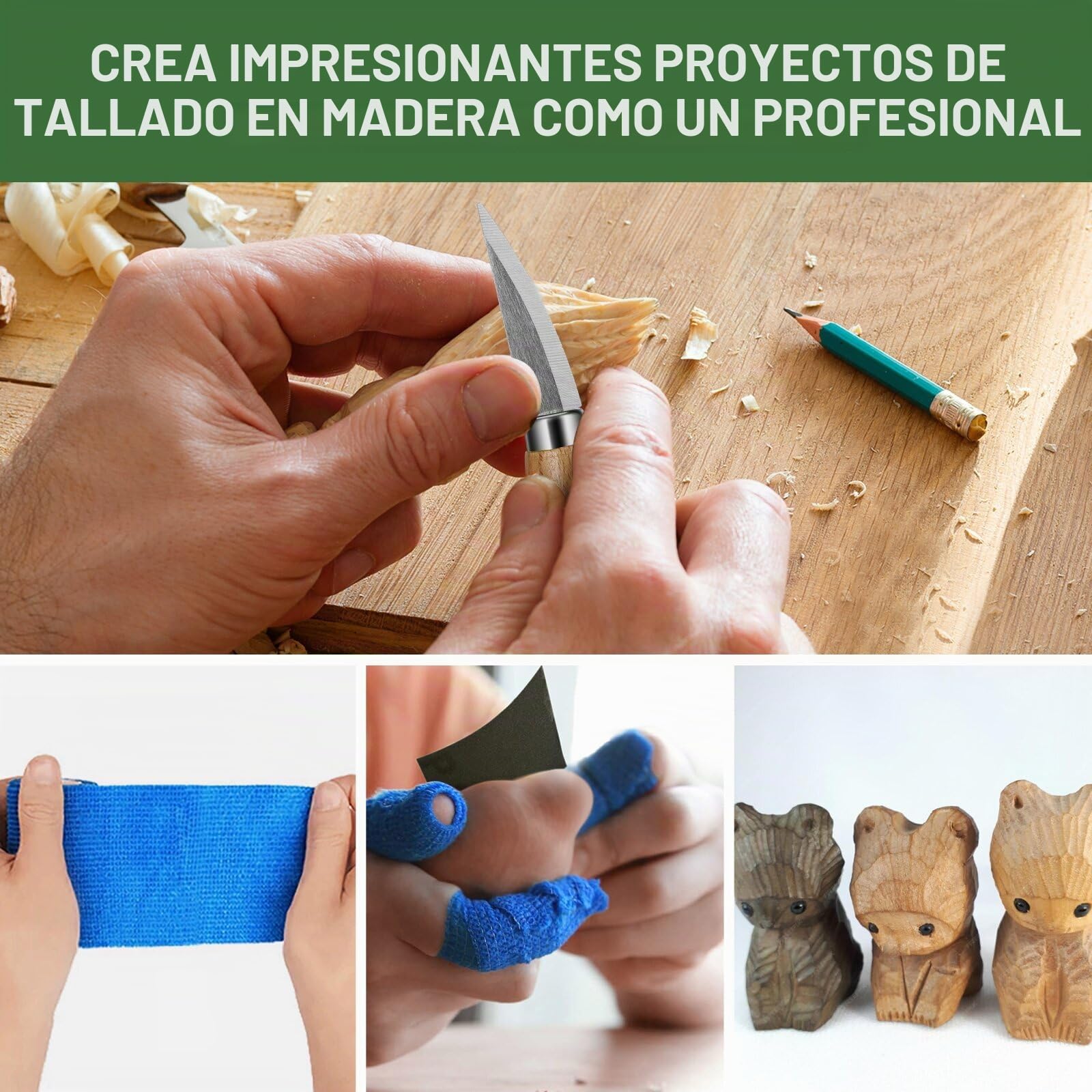 Kit de Tallado de Madera 19 en 1, Kit de Cuchillos de Madera incluye 8 Bloques de Tallado de Tilo, 6 Cuchillos para Tallar para Tallar para Principiantes, Guantes Resistentes a Cortes, Bolsa de Lona