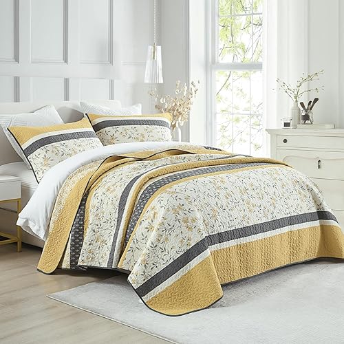 Miniatura 9 de KALOOLA Edredón tamaño King 100 algodón juego de ropa de cama King con rayas florales azules y grises colcha King reversible ligera para todas las