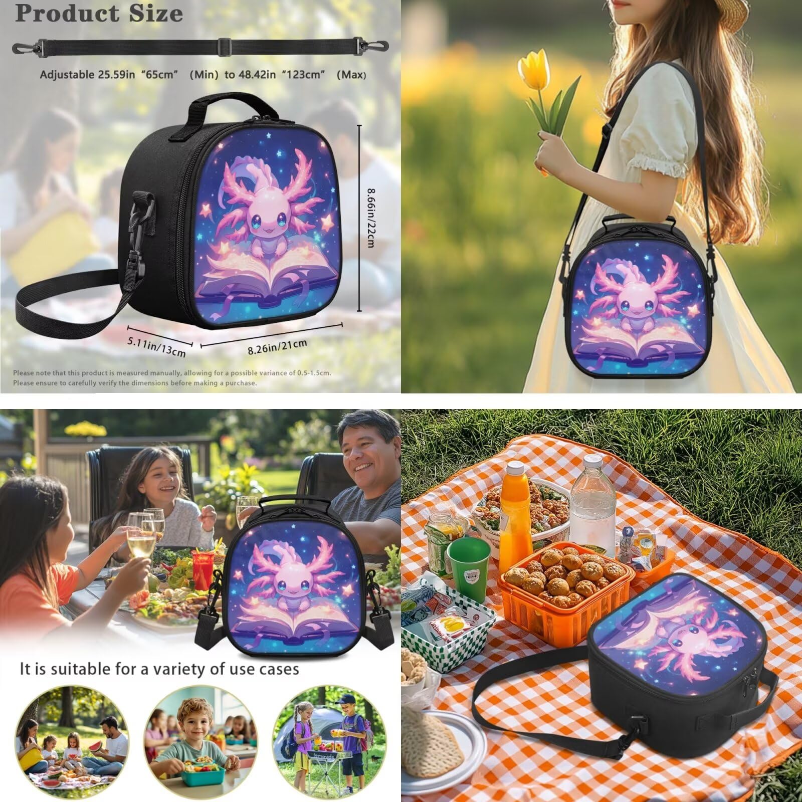 4 in 1 Schulset Kawaii Rucksack mit Lunchbox für Jungen Mädchen Alter 5-12, Axolotl Book, Tagesrucksäcke