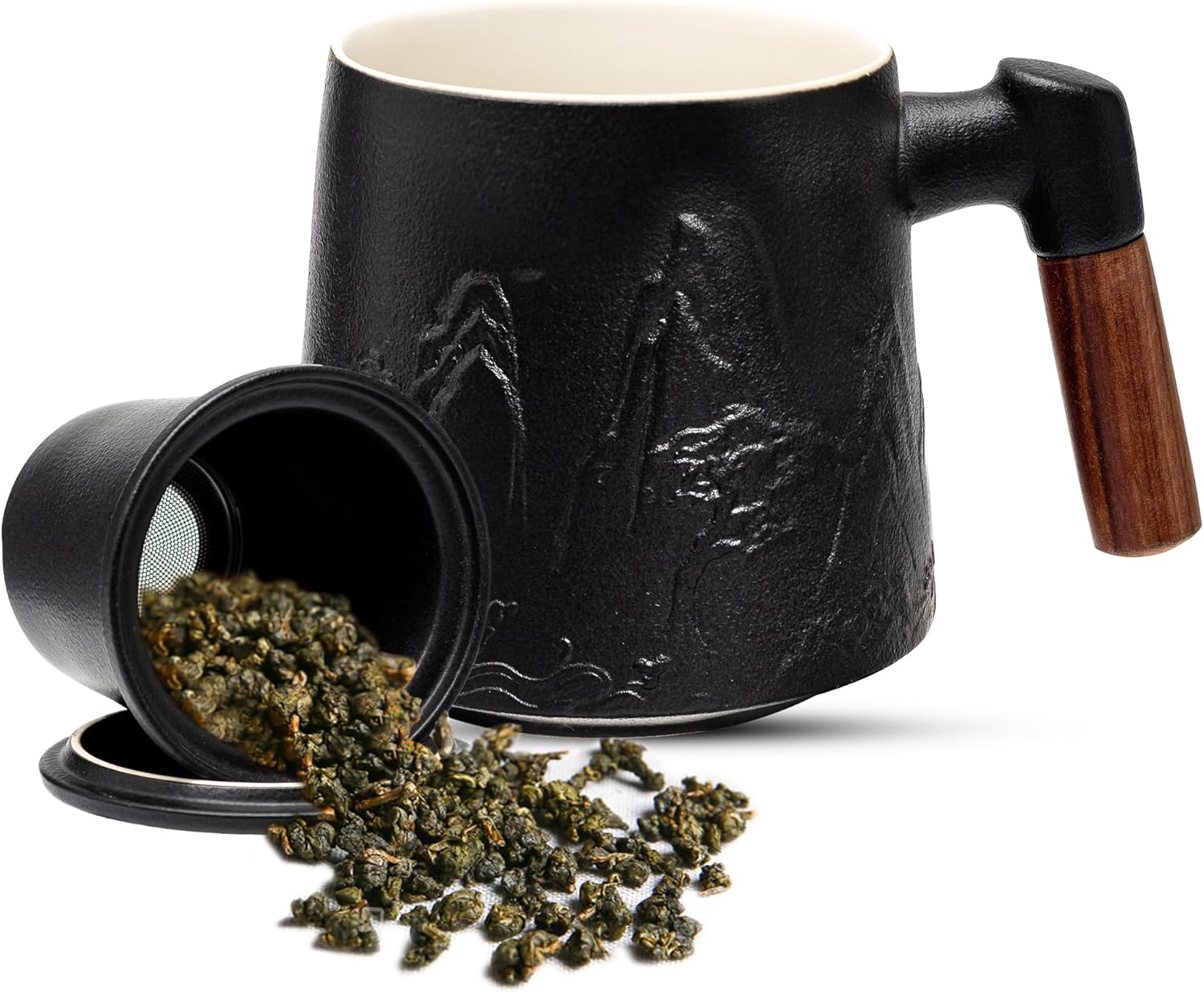 suyika Ceramic Tea Cup with Infuser and Lid, Gradient Embossed Large Tea Mug Wooden Handle for Steeping Loose Leaf, Tea Lover Gifts 15.2 oz / 450 ml,Matte Black - Image 8